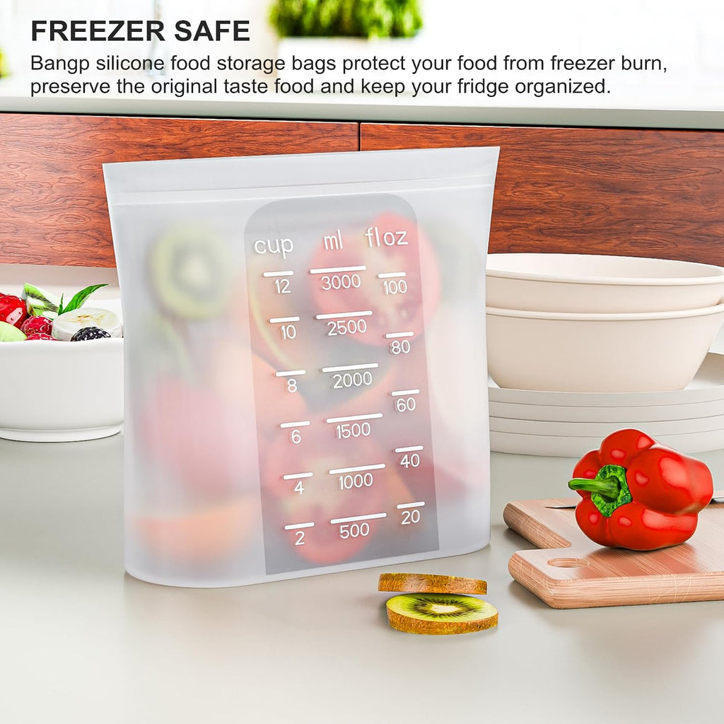 Bangp Premium Silicone Reusable Food Storage Bags,4 Pack | Stand-Up Bottom,Reclosable Freezer Bags for Soup,Sandwich,Salad Fruit,Snack,Leak-free,Food-safe Silicone,Oven,Dishwasher Safe