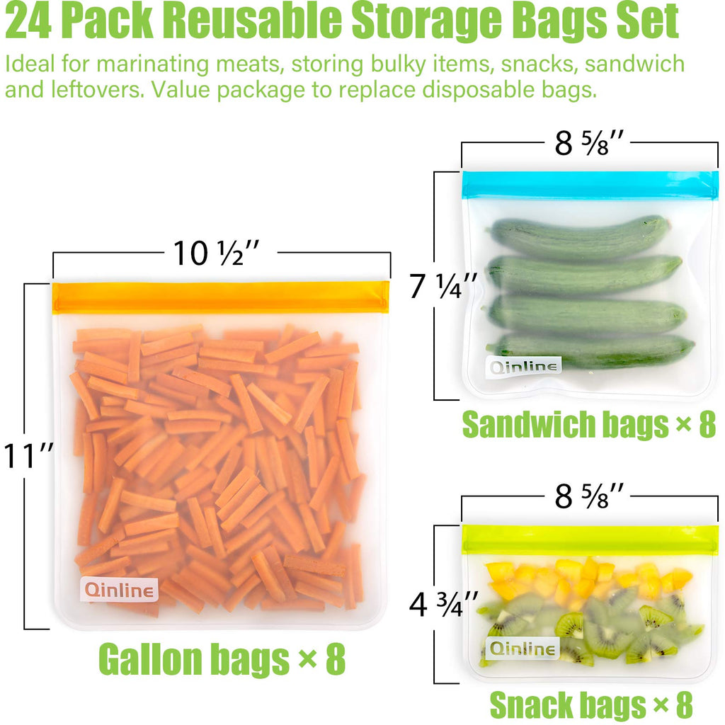 Qinline Reusable Food Storage Bags - 24 Pack Freezer Extra Thick Leakproof Lunch Bag - 8 Gallon 8 Sandwich 8 Snack Bags