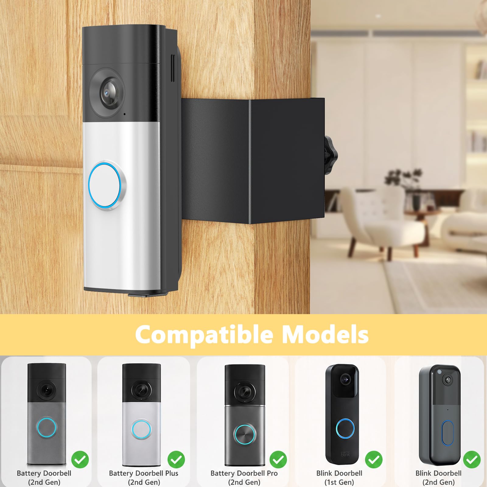 Anti-Theft Video Doorbell Camera Mount Compatible with Ring/Blink Doorbell | No-Drill - Easy to install - No Front Cover Metal Doorbell Bracket Holder for House Rental Apartment Condo