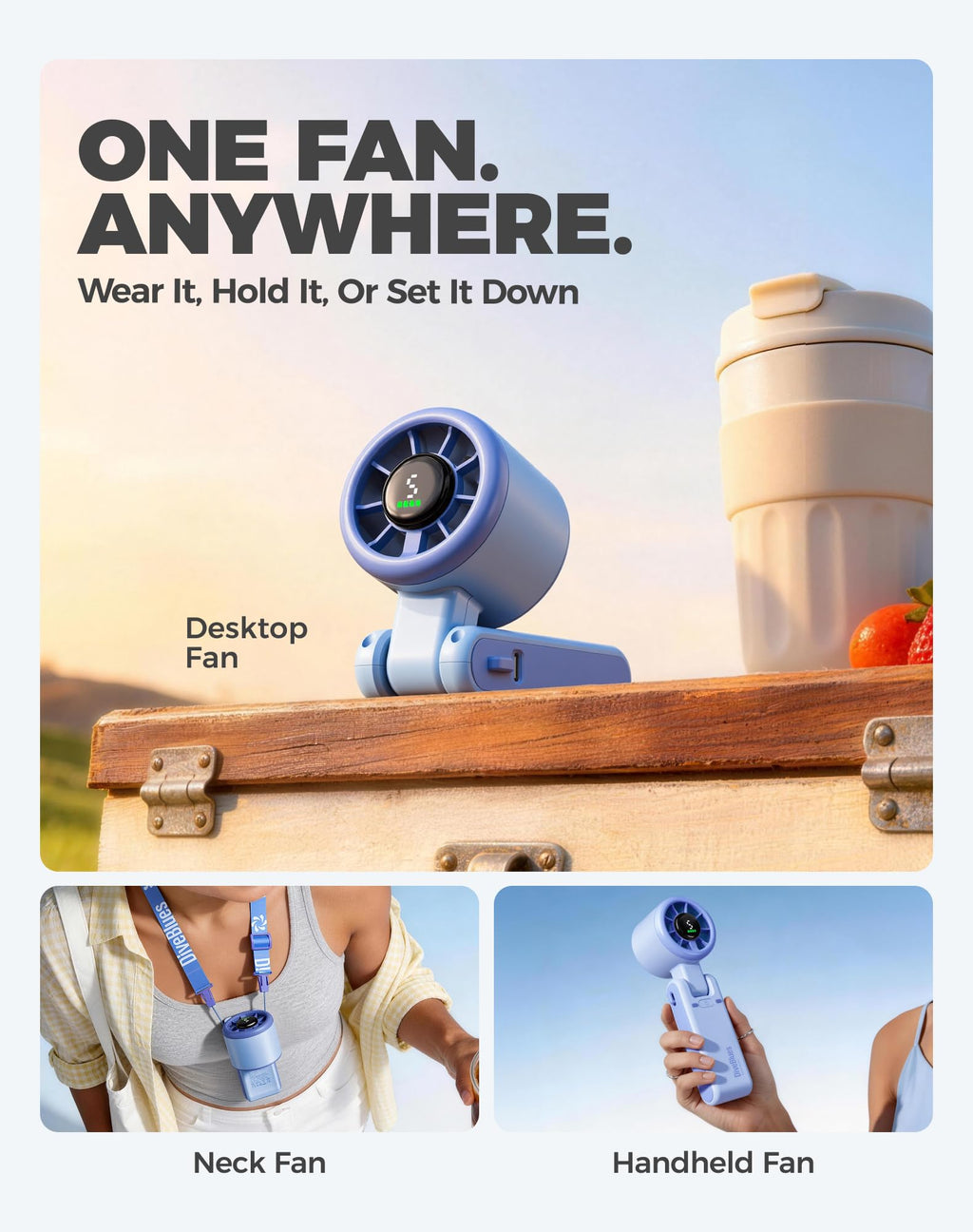 Diveblues Portable Handheld Turbo Fan | 3 IN 1 Hand/Neck/Desk Fan, Up to 12 Working Hours, 5 Gear Wind, Battery Operated, Travel, Working, Outdoor Activities