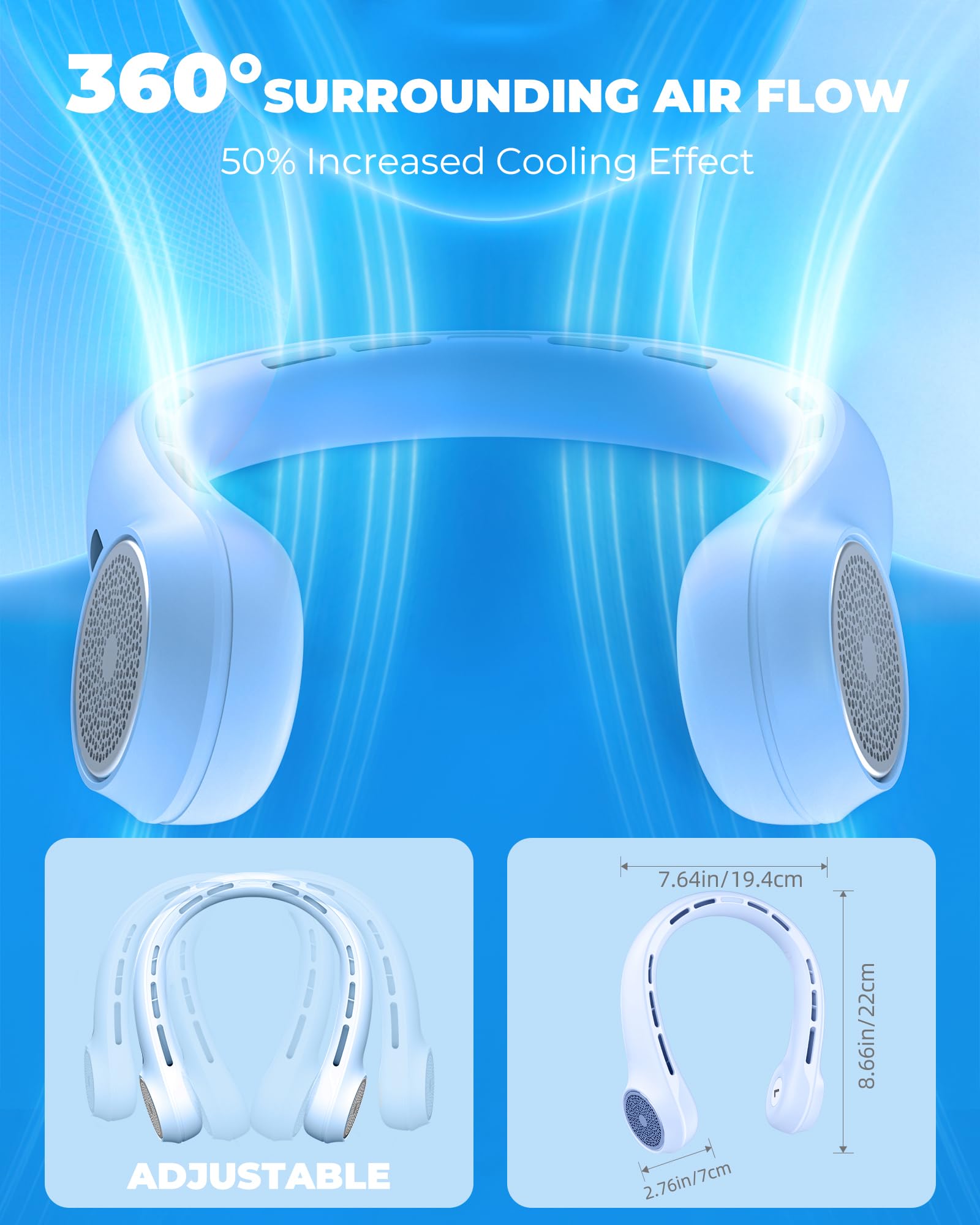 Neck Fan with 4000mAh Rechargeable Battery & LED Display, Portable Personal Cooler for Women/Men, 3-Speed Bladeless 360° Cooling Fans, Stylish Gift for Gym/Travel/Office, White