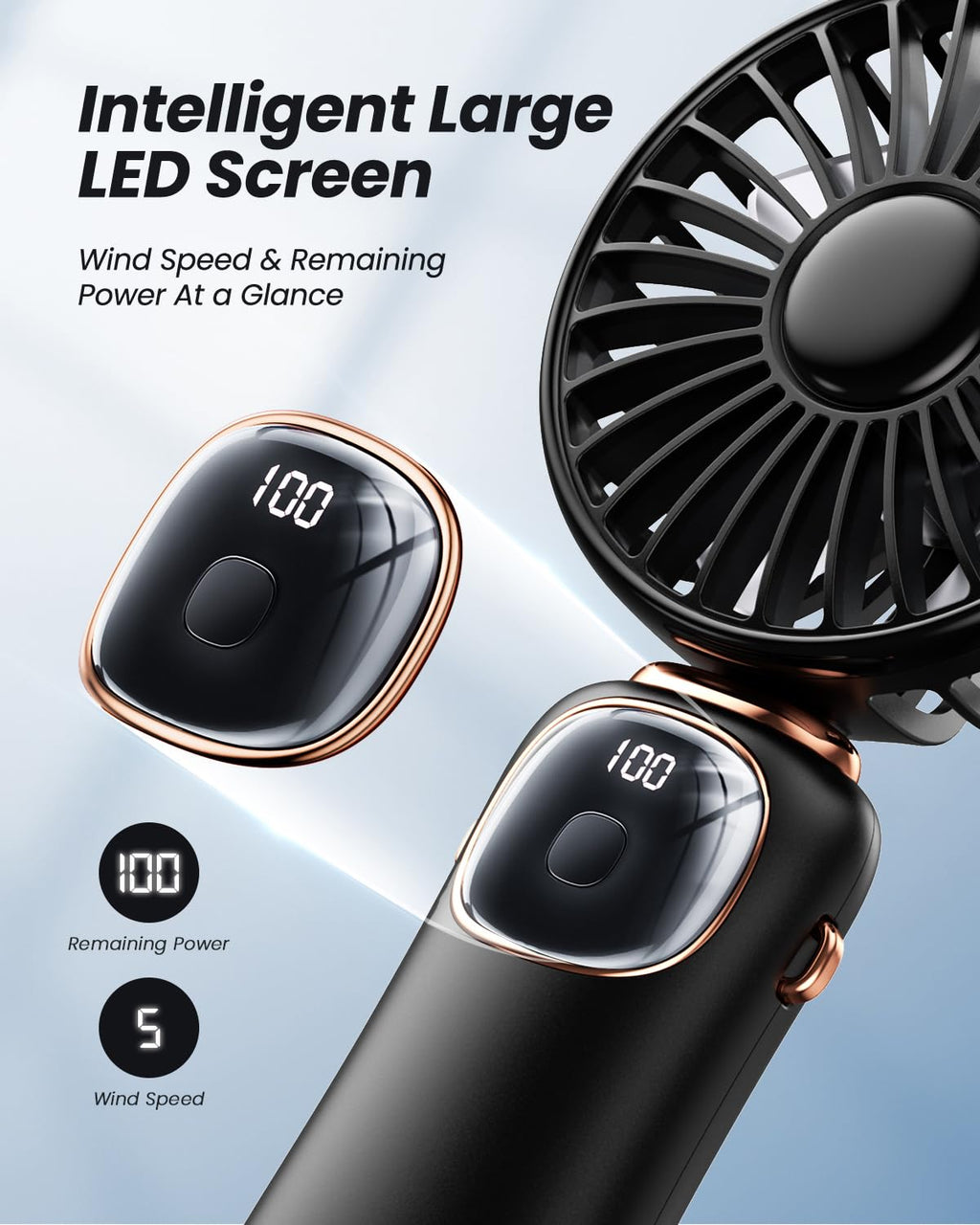 coldSky Portable Handheld Fan, 4000mAh Battery Operated with LED Display, Handheld/Neck/Desk 3 in 1 Personal Small Fan, 90° Foldable Desk Fan with Base, 5 Speed Lash Makeup Fan for Women