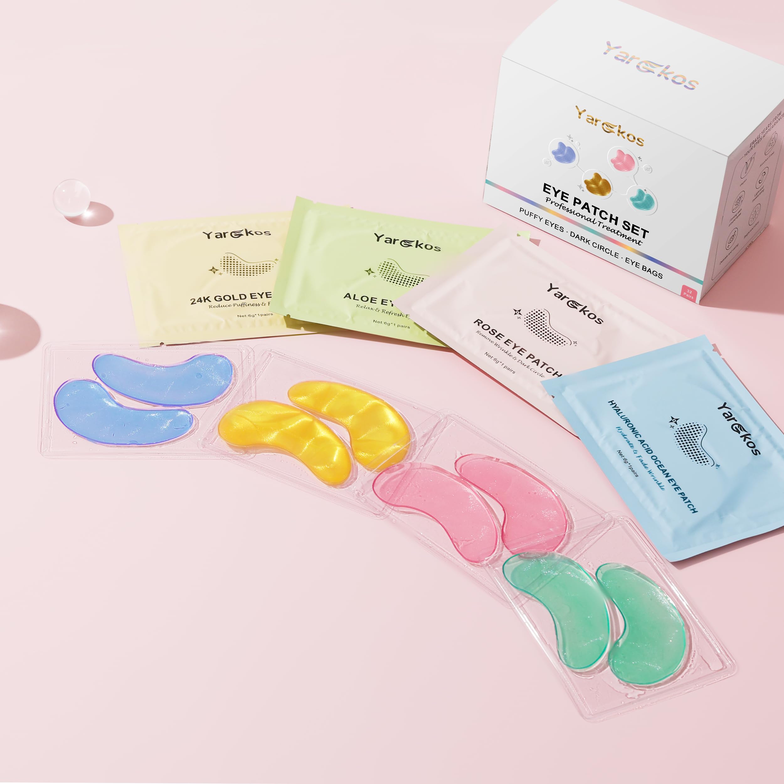32 Pairs Under Eye Patches, Hydrating Eye Masks for Dark Circles Puffiness Puffy Eyes, Anti Wrinkle Collagen Undereye Pads, 32 Sets Travel Skincare Face Gel (24K Golden+Blue+Pink+Green)