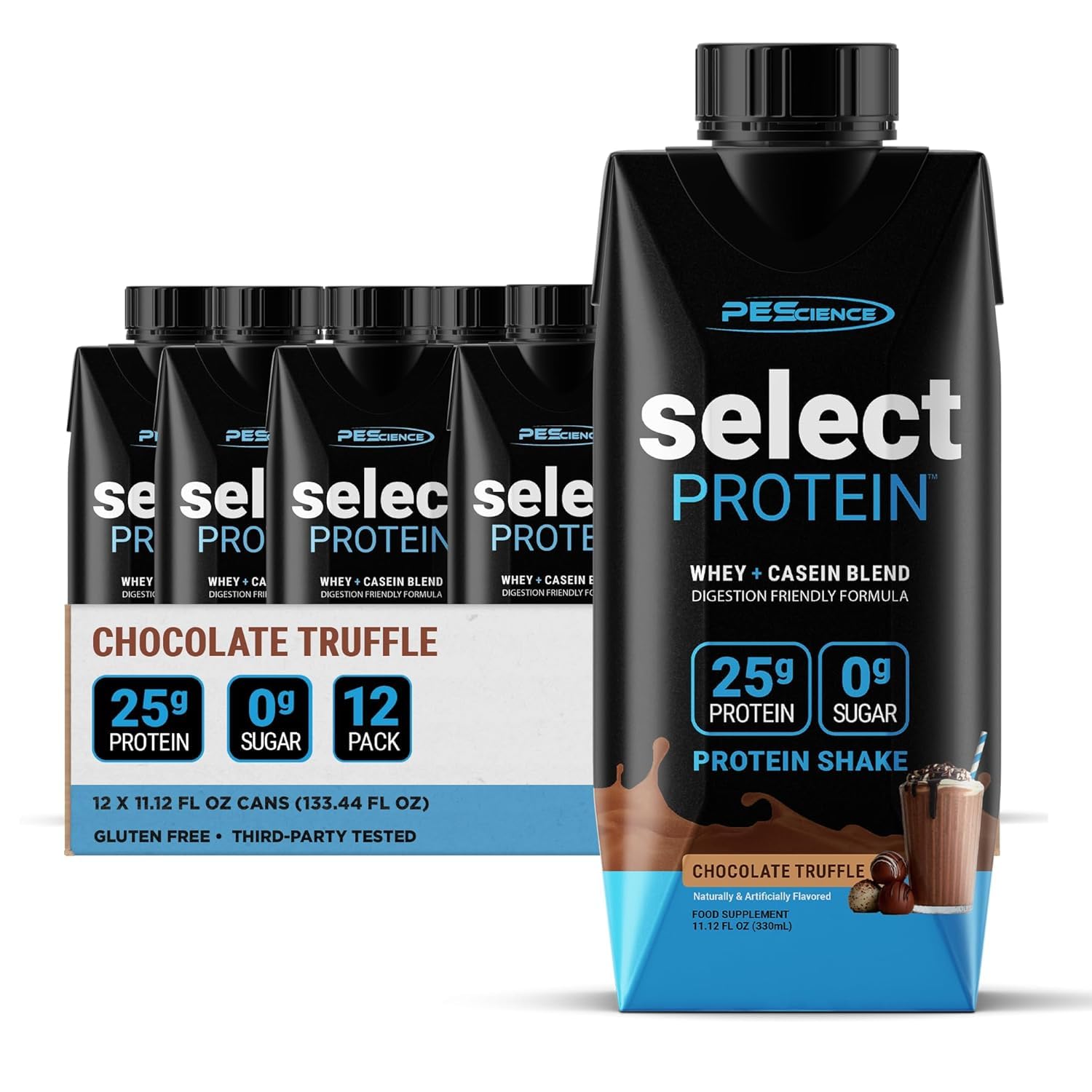 PEScience Select Protein Shake RTD, 25g Whey and Casein Blend, High Protein Drink, Gluten Free, Keto Friendly, 0g Sugar, Low Carb Ready to Drink Meal Replacement, Chocolate Truffle - Pack of 4