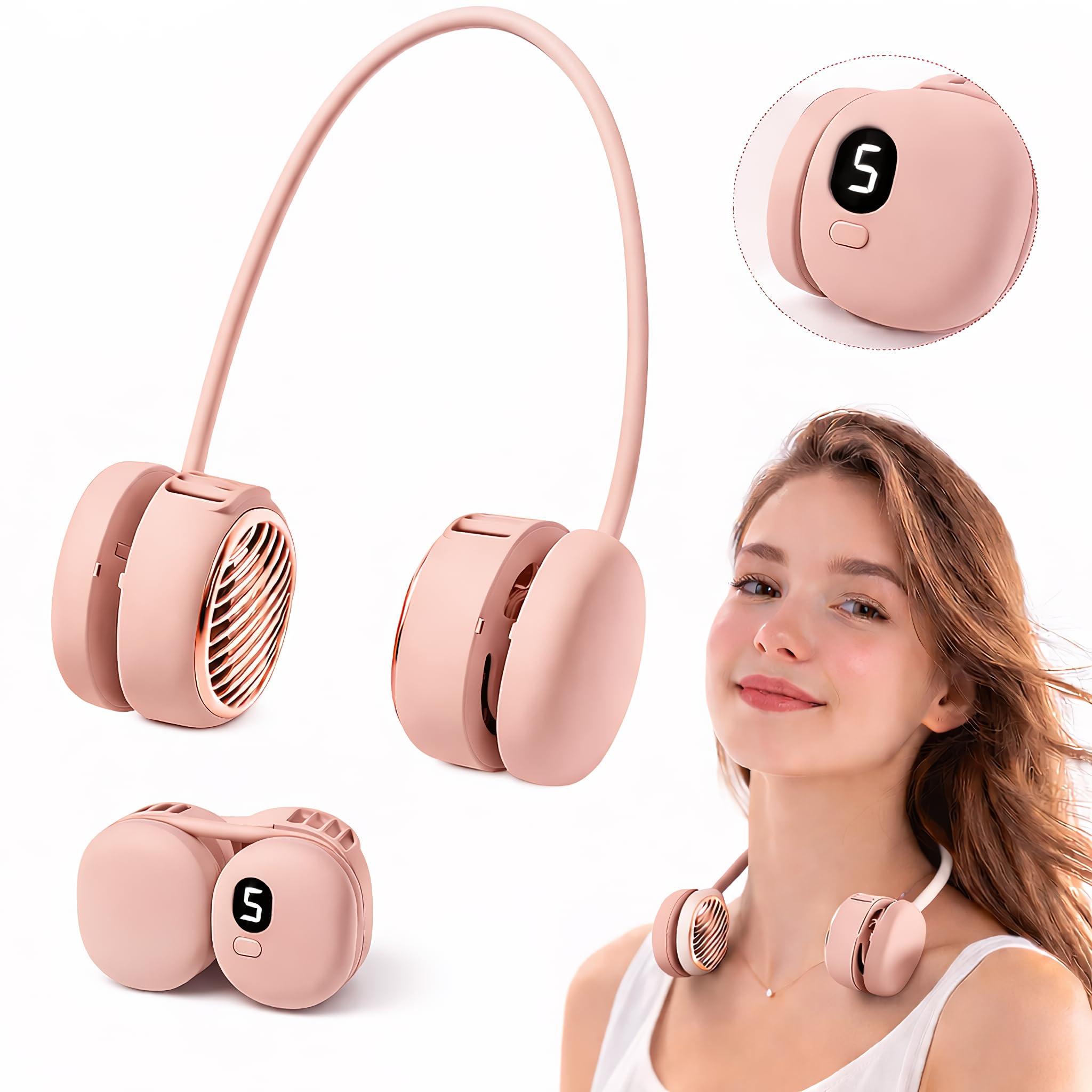 Portable Neck Fan, Hands Free Mini Personal Neck Fans for Women with 5 Speeds, Lightweight Small 5oz Wearable Cooling Fan, 360° Adjustable, Gift for Girl, Gym, Travel and Outdoor, White