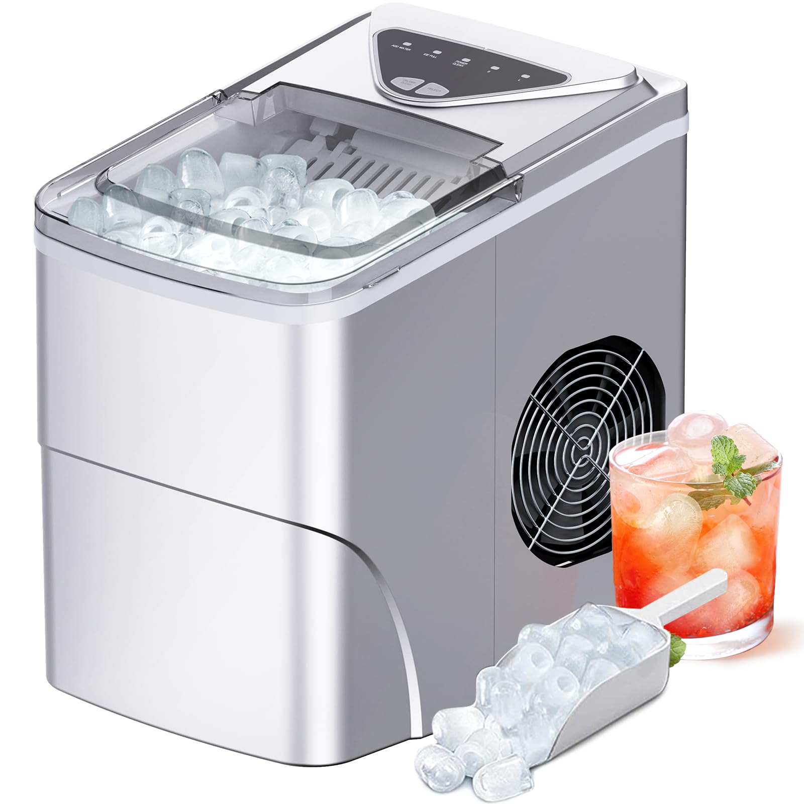 Silonn Countertop Ice Maker with 2.5L Expandable Ice Basket, 26.5lbs/24H, 9 Cubes in 6 Mins, 2 Ice Sizes, Self-Cleaning & LED Touch Control for Home Kitchen Office