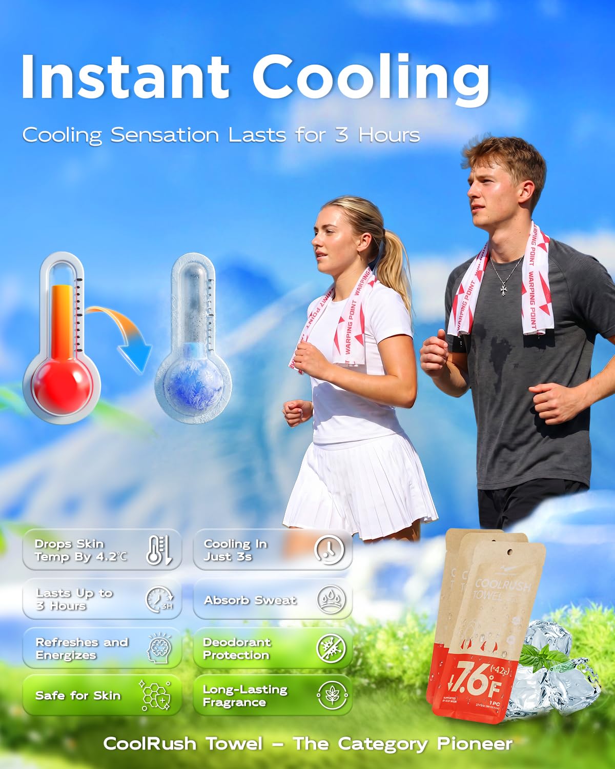 CoolRush Towel for Body–10 Pack Individually Wrapped Cooling Wipes | Instant Cooling Neck Wrap, Alcohol-Free Sweat Cooling Towel for Adults | Reusable, Travel, Gym, Music Festival, Camping Essentials