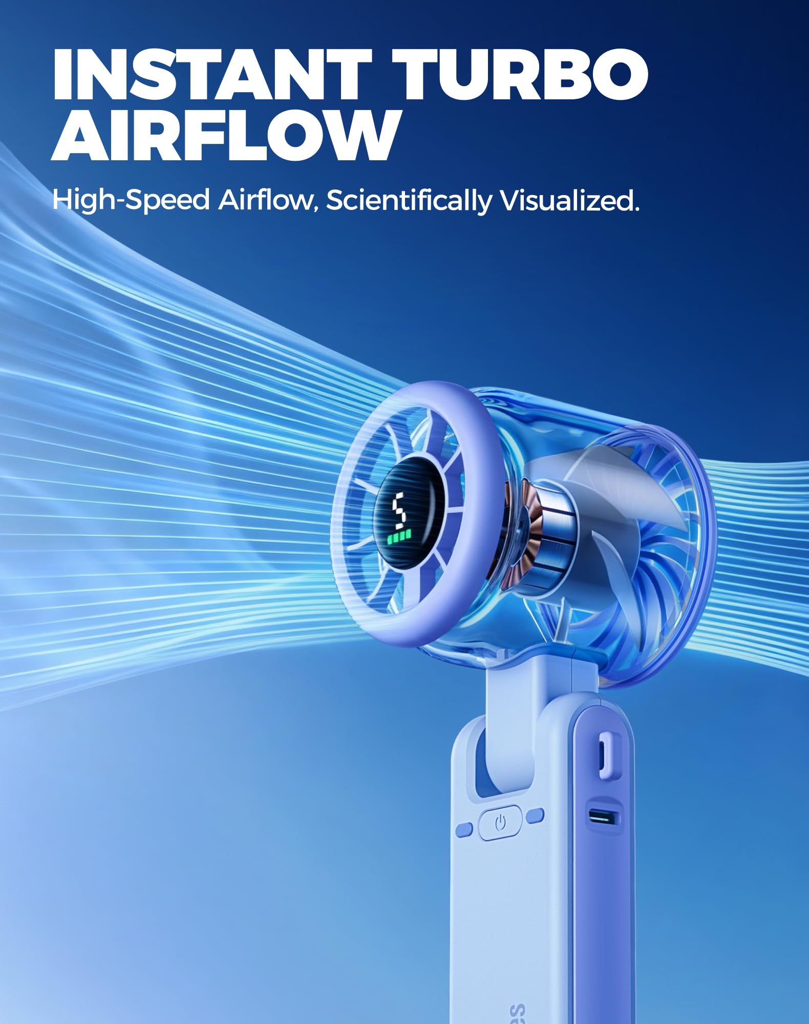 Diveblues Portable Handheld Turbo Fan | 3 IN 1 Hand/Neck/Desk Fan, Up to 12 Working Hours, 5 Gear Wind, Battery Operated, Travel, Working, Outdoor Activities