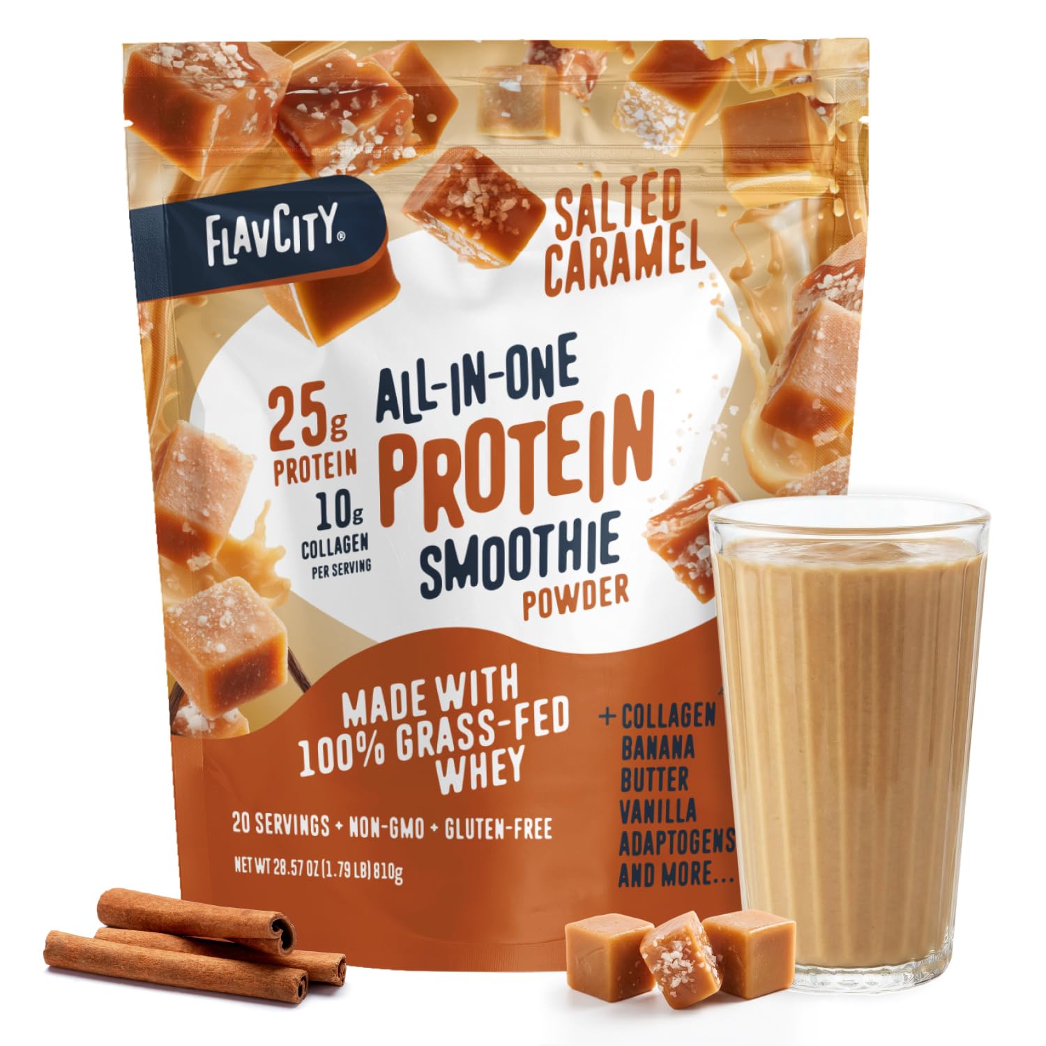 FlavCity All in One Protein Shake Powder, Pineapple Coconut - On the Go Meal Alternative + Collagen Peptides, Reishi & Cordyceps - Focus, Skin, Hair & Joint Support - 100% Grass Fed Whey, 20 Servings