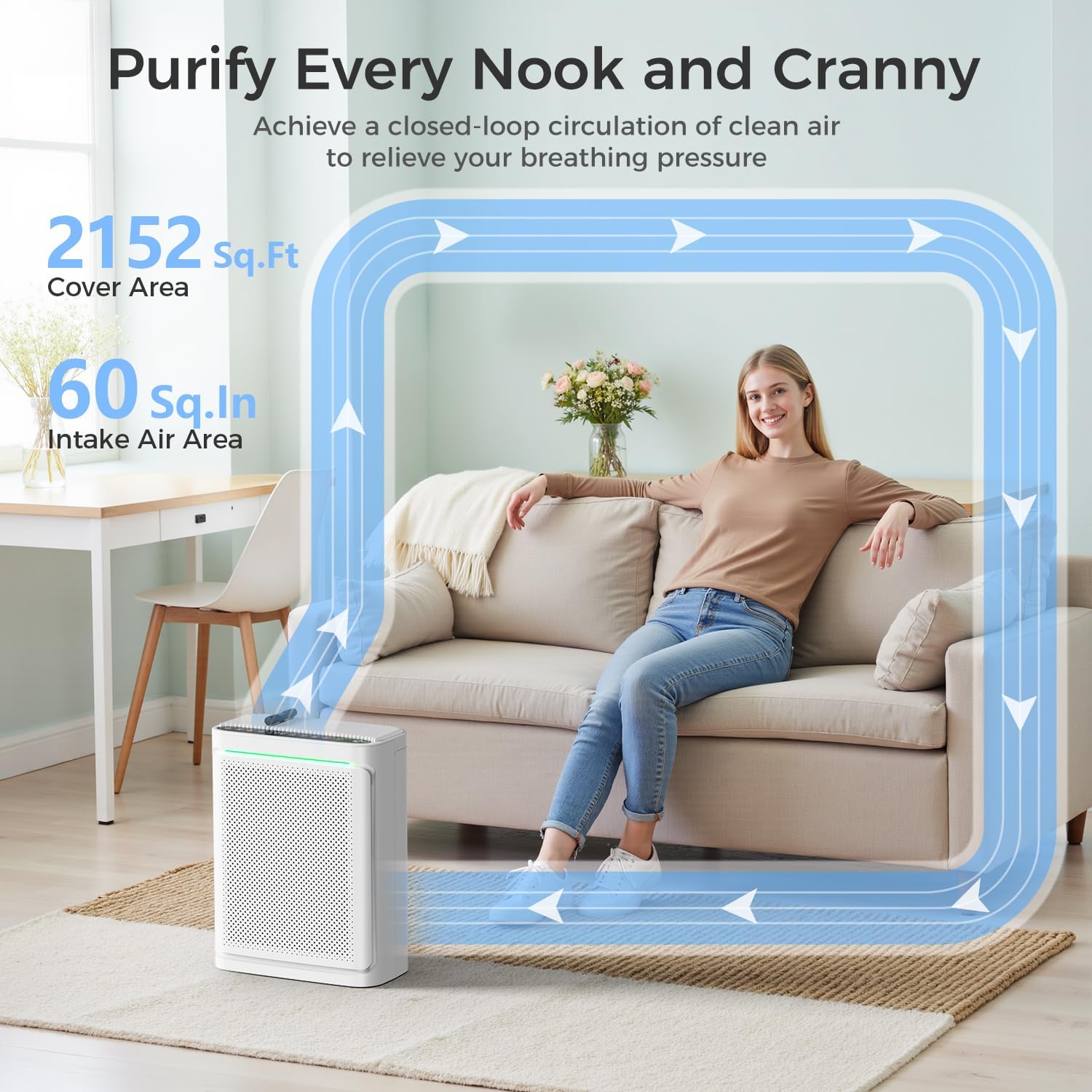 VOOPNU Air Purifiers For Home With Air Quality Display Cover Area Up to 2152 Sq.Ft Equipped with True H13 Washable Filter Air Cleaner with Fragrance Sponge for Bedroom Dorm Room, DH-JHD08(White)