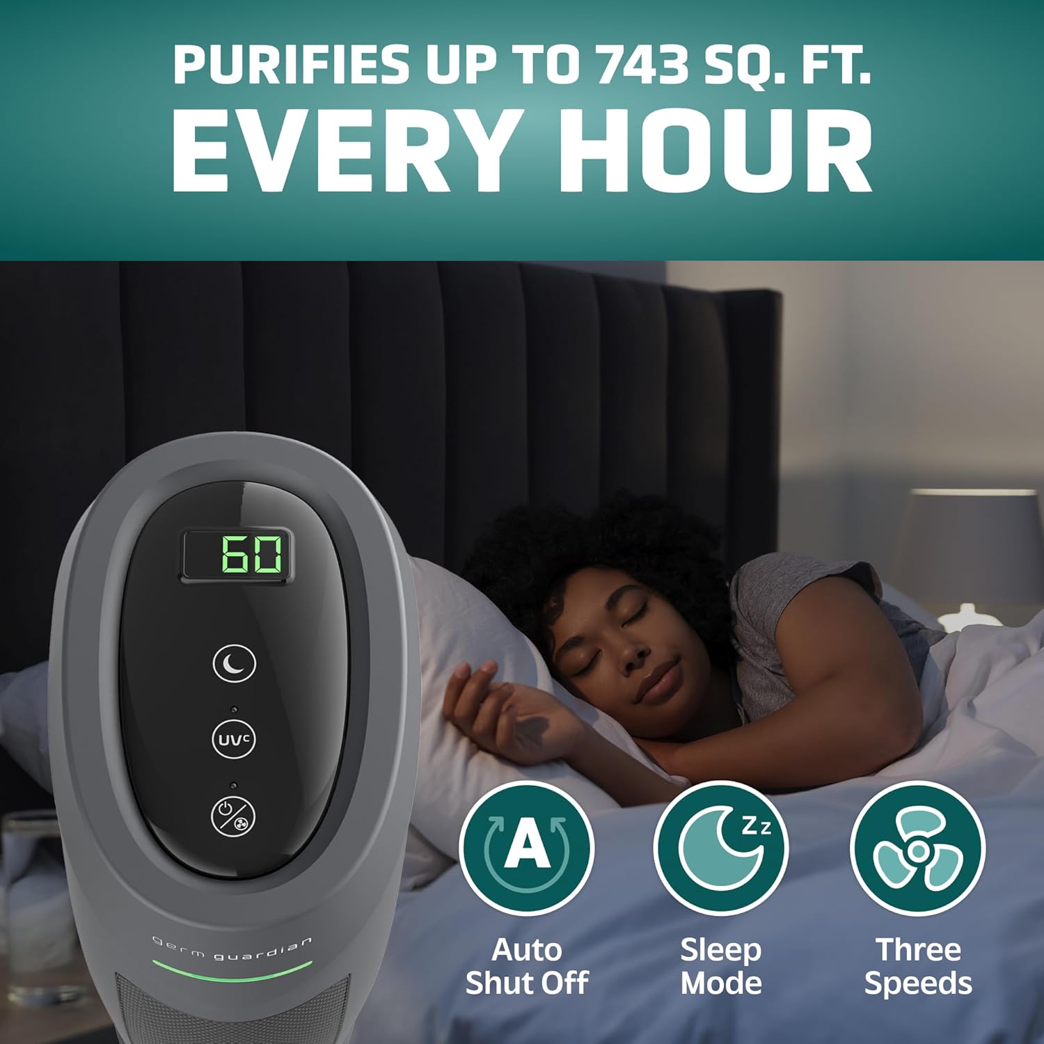 GermGuardian HEPA Indoor Large Room Air Purifier for Home - Pet Dander, Dust, Pollen, Smoke, and Odors in Bedroom, Office, and Kitchen - Air Quality Monitor and UV-C Light Combo - Gray