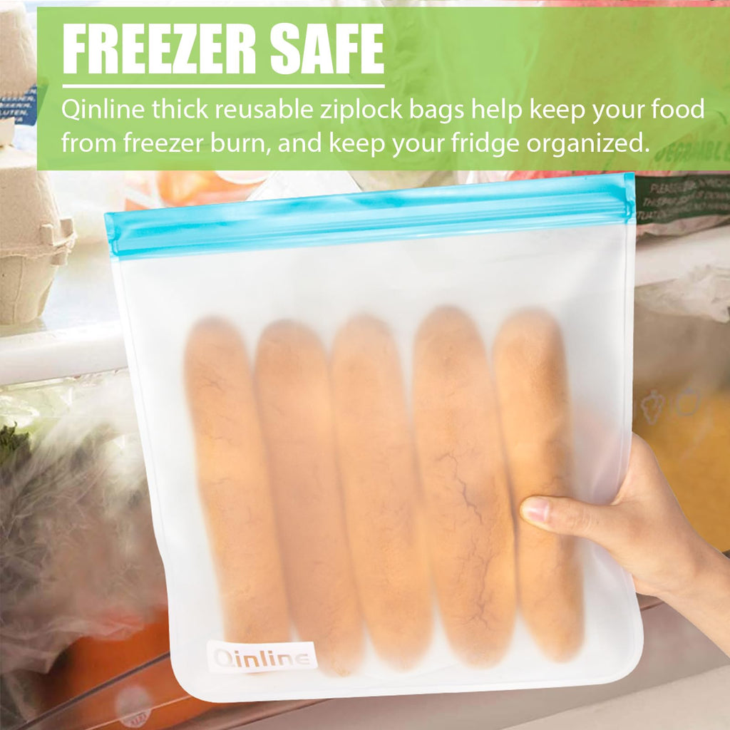 Qinline Reusable Food Storage Bags - 10 Pack Freezer Bags, Reusable Bags Silicone, Extra Thick Leakproof Reusable Lunch Bag for Salad Fruit Snack Travel - 2 Gallon 4 Sandwich 4 Snack Bags