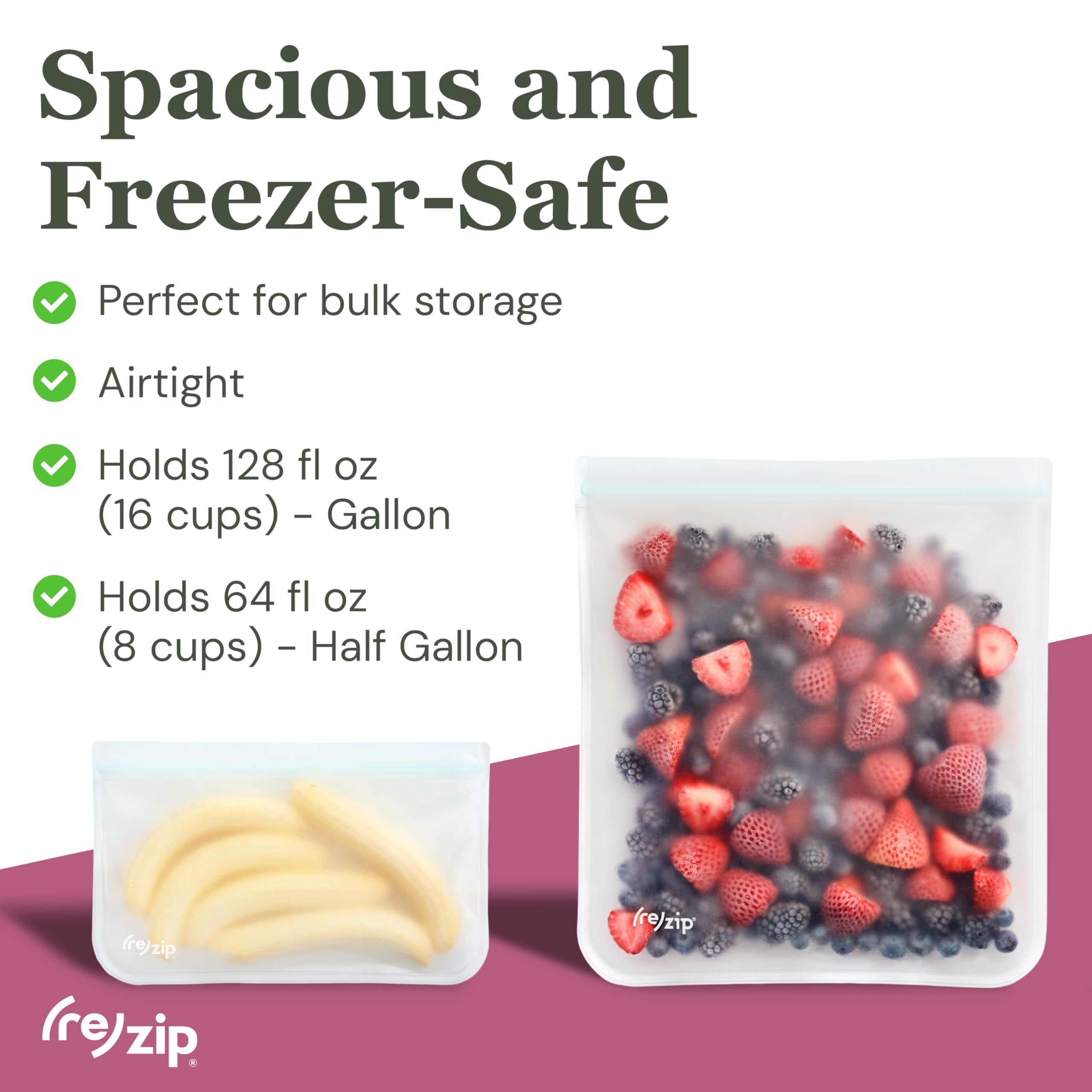 (re) zip Gallon Reusable Storage Bags, BPA-Free, Leakproof, Food-Grade 100% Food-Safe PEVA, for Food Storage and Freezer Use, Holds 16 cups | 128 fl oz, 4-Pack (Clear)
