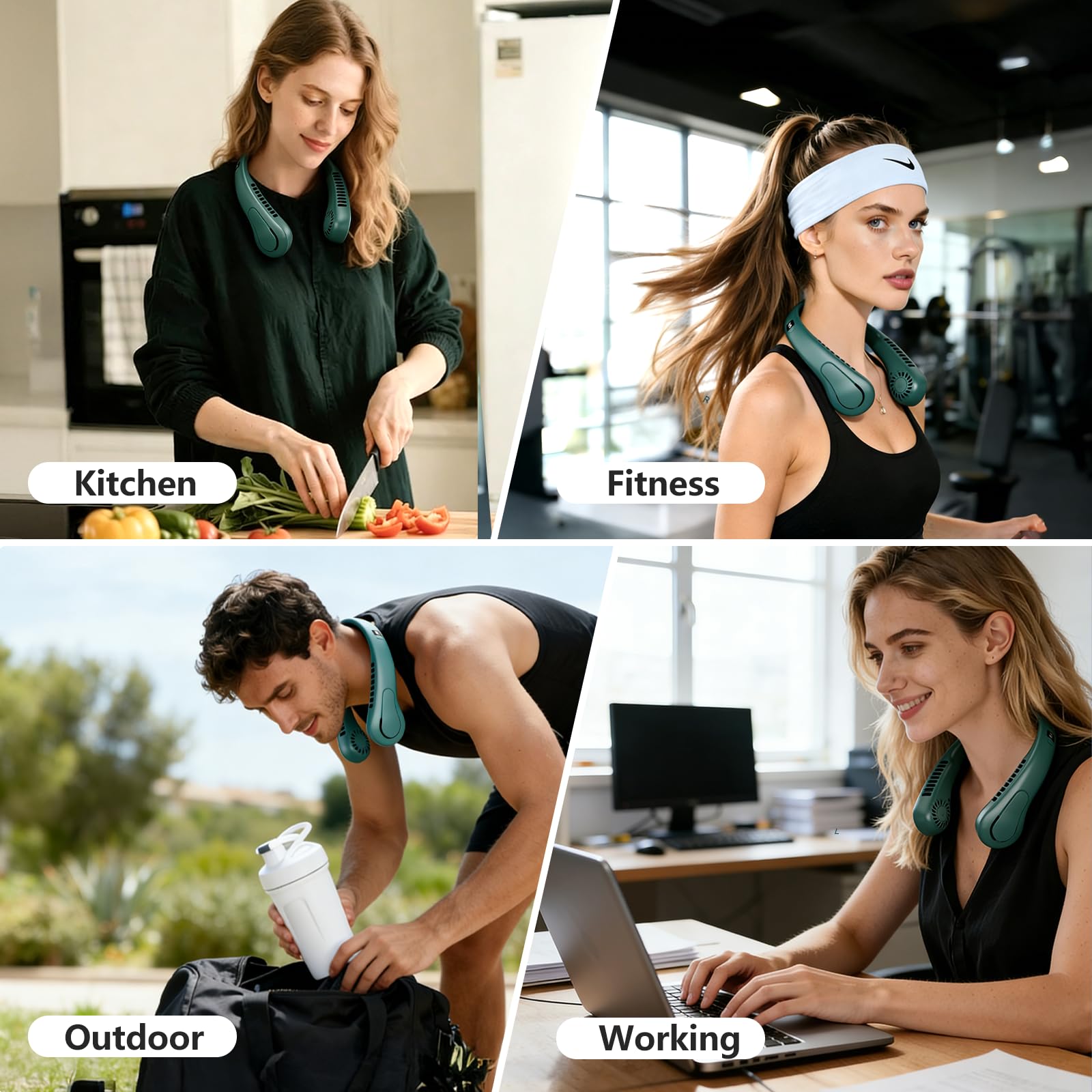 Portable Neck Fan, Hands Free Bladeless Fan with 5 Speeds, 360° Cooling Personal Fan, USB Rechargeable Wearable Fan for Travel, Twistable, Mini Fan, Birthday Gift for Women Men, Green