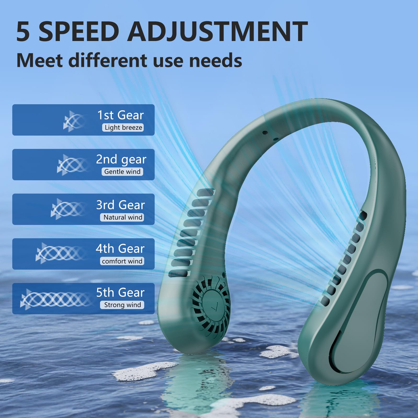 Portable Neck Fan, Hands Free Bladeless Fan with 5 Speeds, 360° Cooling Personal Fan, USB Rechargeable Wearable Fan for Travel, Twistable, Mini Fan, Birthday Gift for Women Men, Green