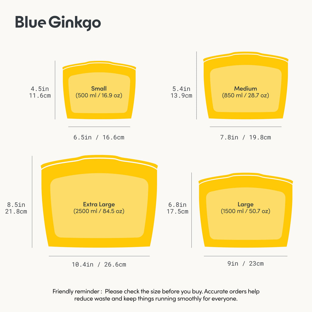 Blue Ginkgo Reusable Silicone Storage Bags – 4-Pack | Korean-Made Stand Up Food, Freezer Bags - Pumkin Yellow