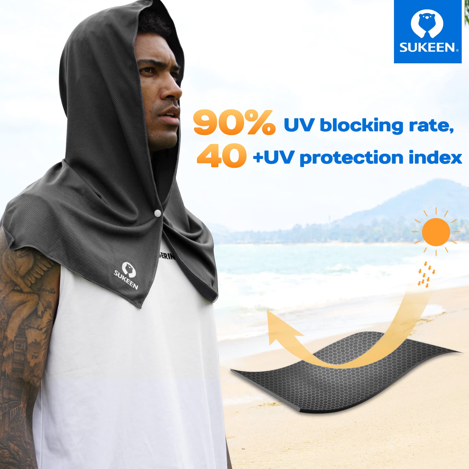 Sukeen Cooling Hoodie Towel, Absorbent Quick-Drying Cooling Towels for Neck and Face, UV Sun Protection Cooling Neck Wraps Sport Head Cooling Towel Hot Weather