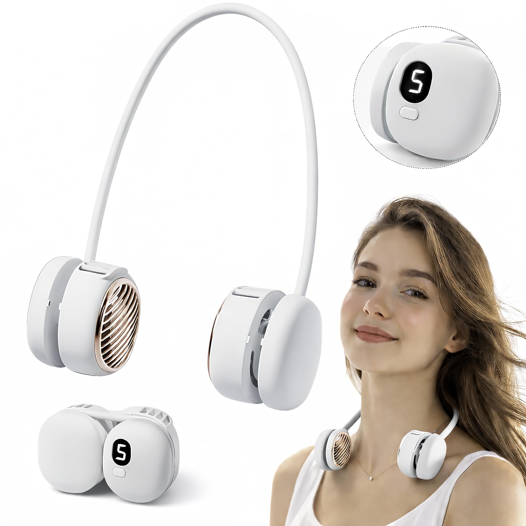 Portable Neck Fan, Hands Free Mini Personal Neck Fans for Women with 5 Speeds, Lightweight Small 5oz Wearable Cooling Fan, 360° Adjustable, Gift for Girl, Gym, Travel and Outdoor, White