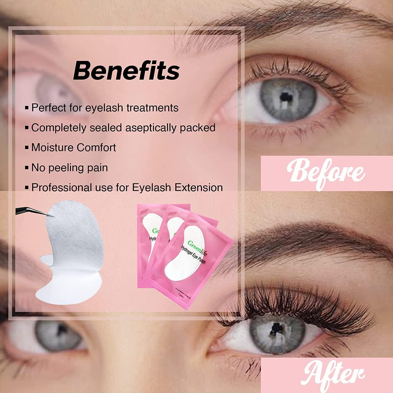 GreenLife 50 Pairs Eye Pads, 100% Naturel Eyelash Extension Under Eye Gel Pads patches kit Collagen with Aloe Vera Hydrogel Eye Patches set for Eyelash Extension Supplies Tools (50 150 300 Pairs)