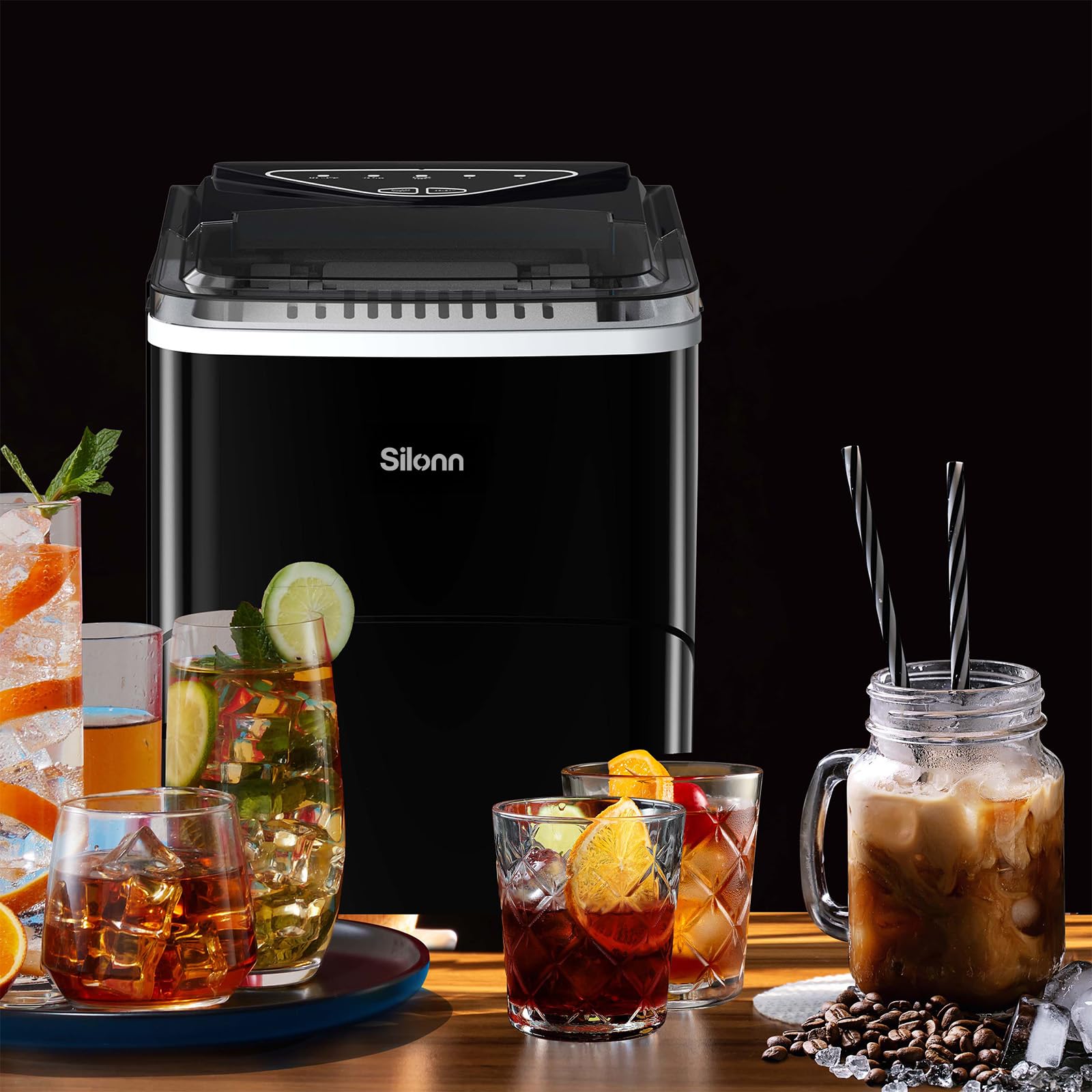 Silonn Countertop Ice Maker with 2.5L Expandable Ice Basket, 26.5lbs/24H, 9 Cubes in 6 Mins, 2 Ice Sizes, Self-Cleaning & LED Touch Control for Home Kitchen Office