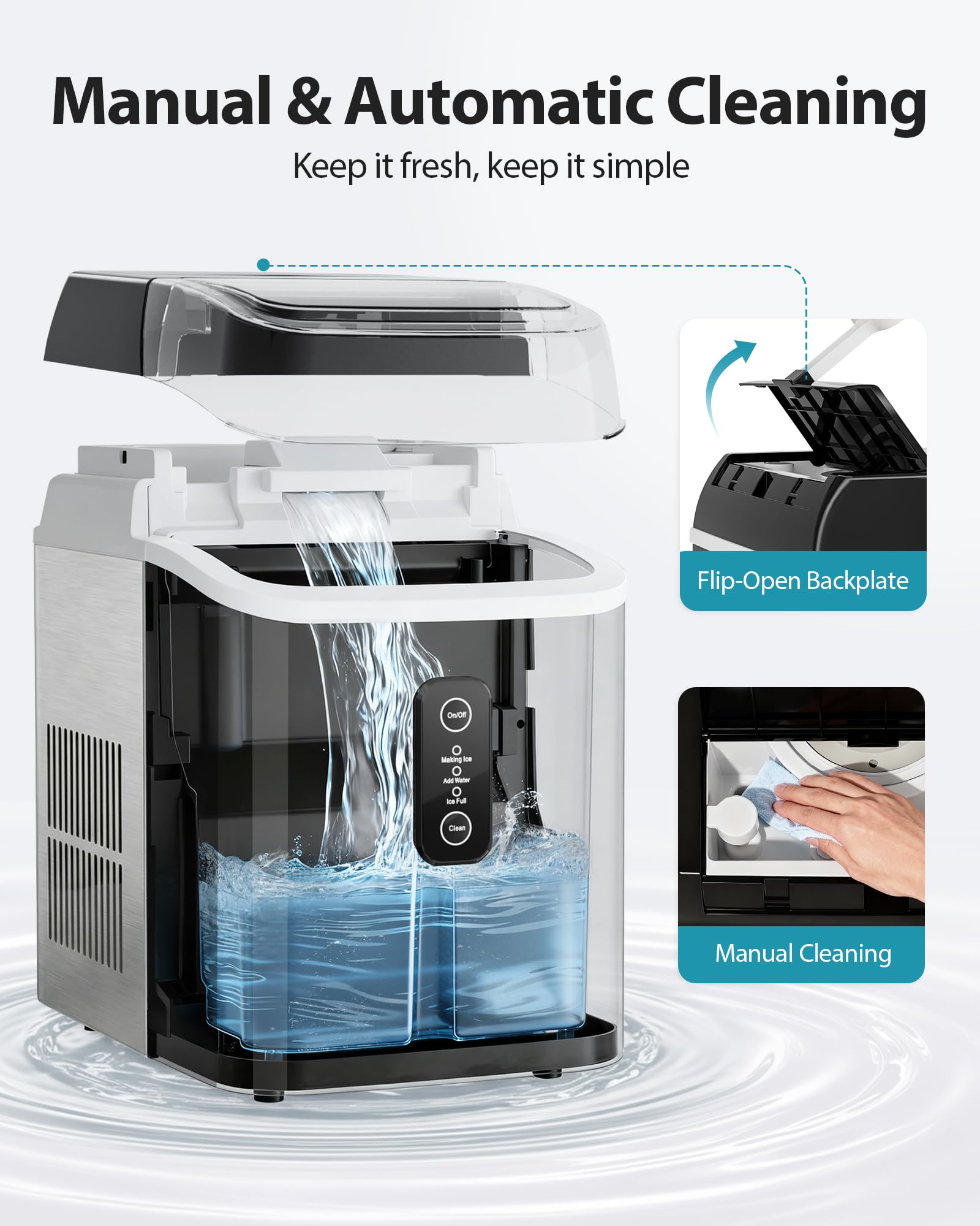 Aeitto Nugget Ice Maker Countertop, 55lbs/Day, Large Capacity Chewable Ice Maker, Rapid Ice Release in 5 Mins, Self-Cleaning with Stainless Steel Housing Ice Machine for Home Office and Party, Silver