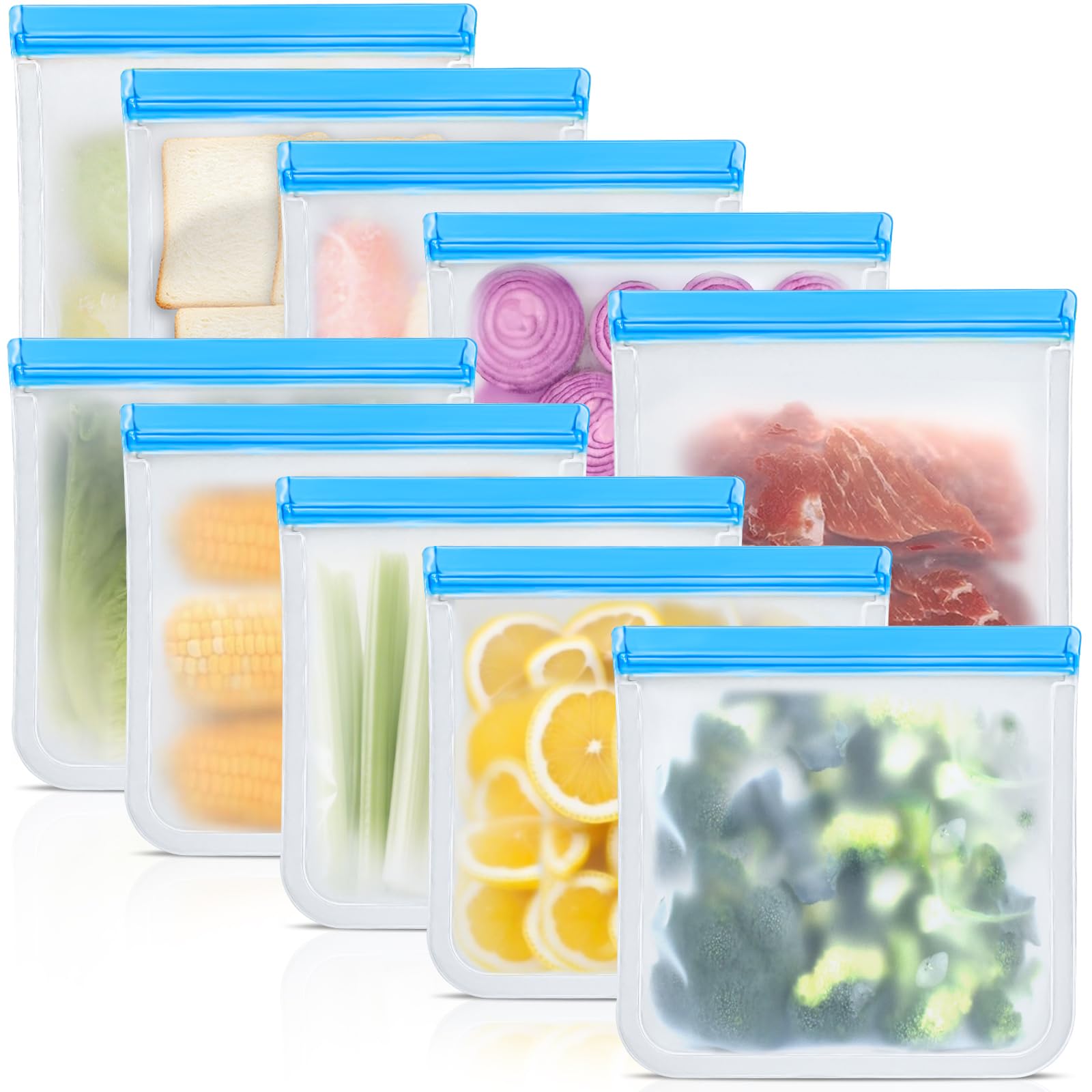 10 Pack Reusable Silicone Food Storage Bags, Leakproof Dishwasher Safe Reusable Freezer Bags for Food Containers, Lunch Bags for Sandwich, Snack, Marinate Meat, Salad Fruit