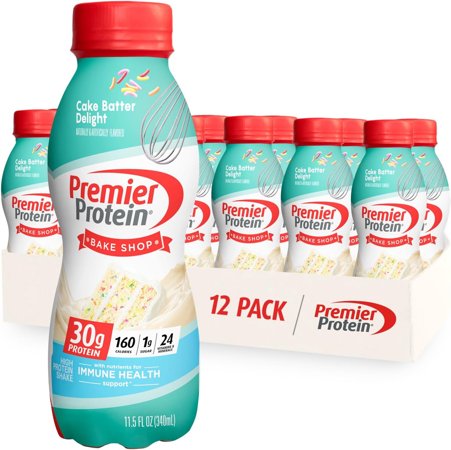 Premier Protein Shake, 30g Protein, 1g Sugar, 24 Vitamins&Minerals, Cinnamon Roll & Cake Batter Flavors, Pack of 12, 11.5oz Bottles