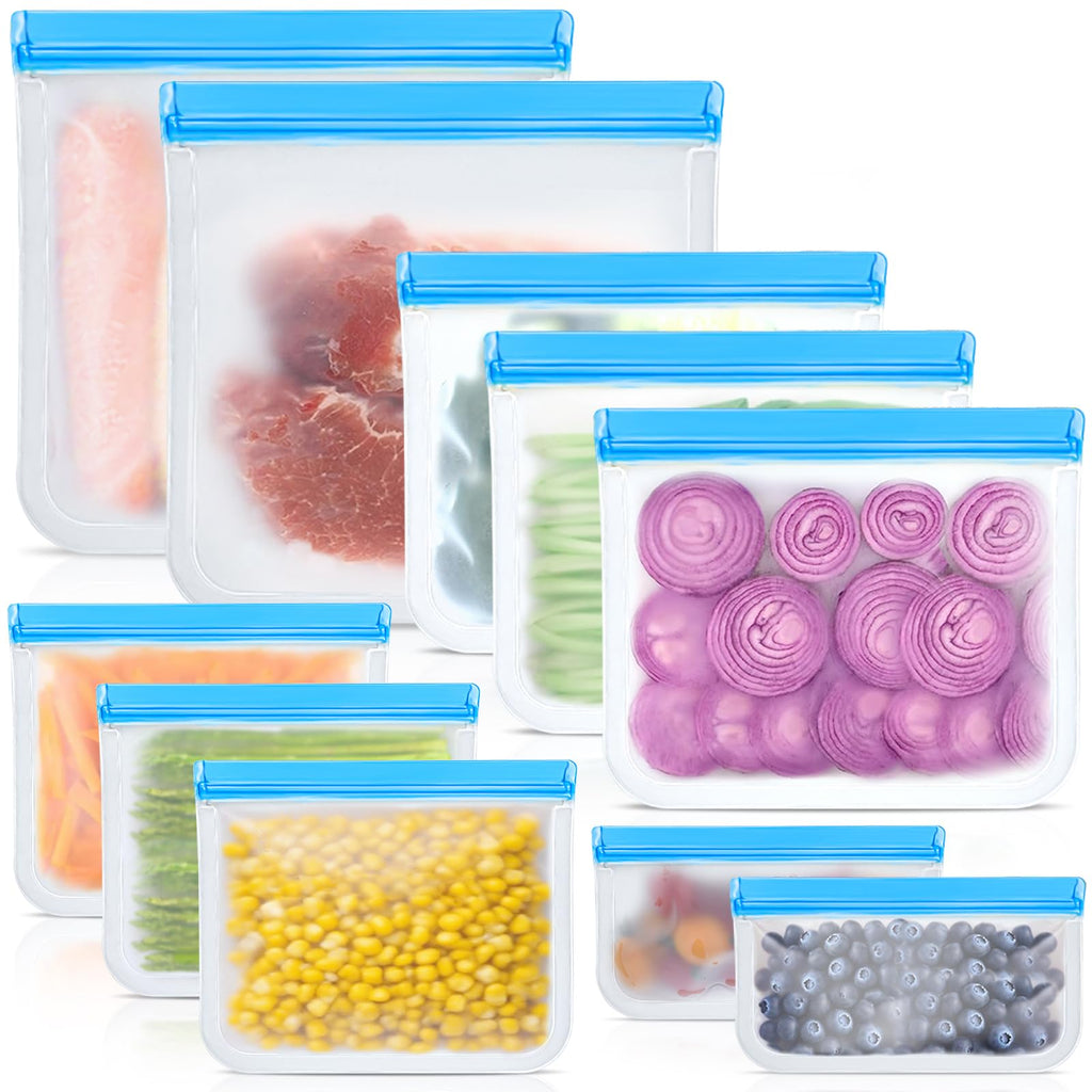 10 Pack Reusable Silicone Food Storage Bags, Leakproof Dishwasher Safe Reusable Freezer Bags for Food Containers, Lunch Bags for Sandwich, Snack, Marinate Meat, Salad Fruit