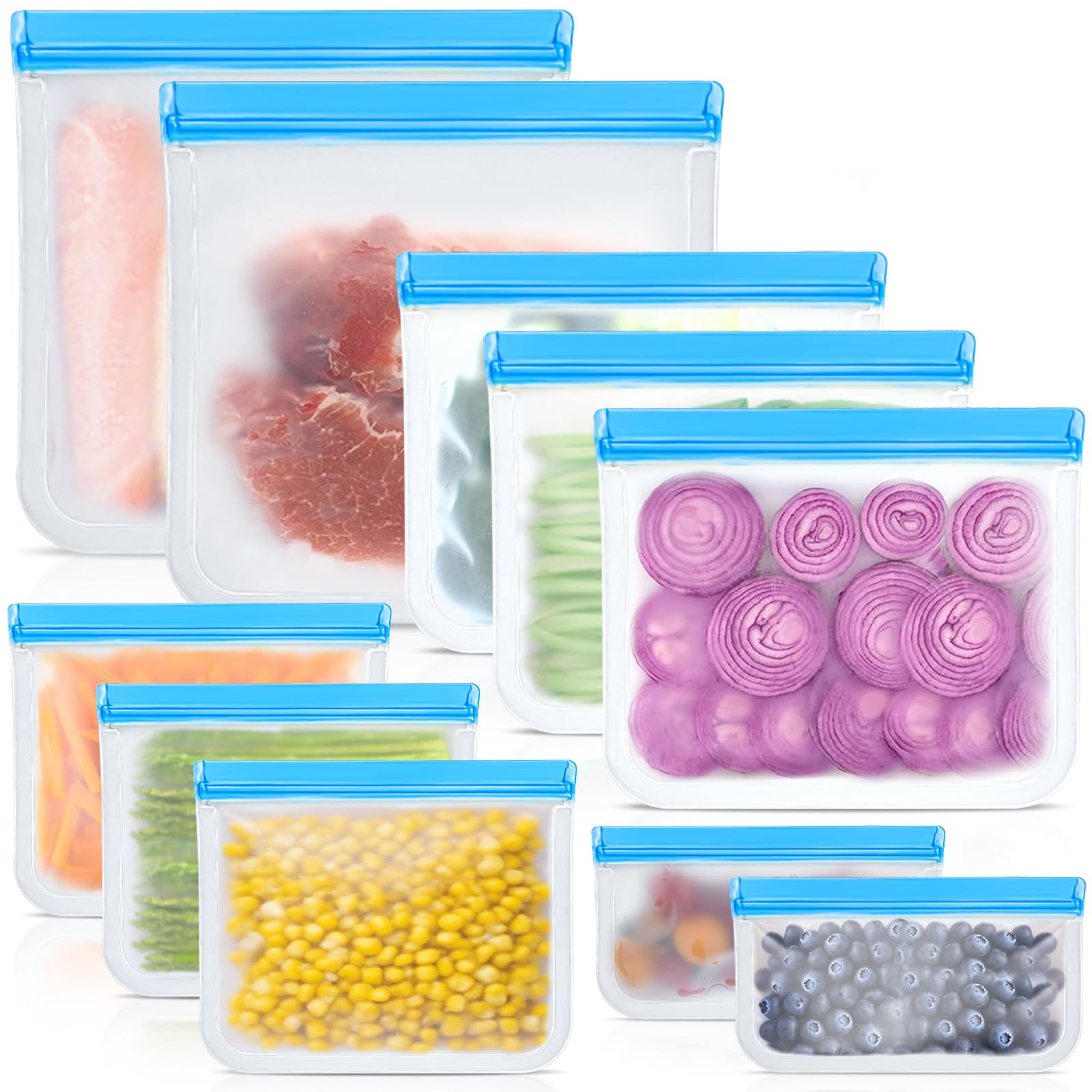 10 Pack Reusable Silicone Food Storage Bags, Leakproof Dishwasher Safe Reusable Freezer Bags for Food Containers, Lunch Bags for Sandwich, Snack, Marinate Meat, Salad Fruit