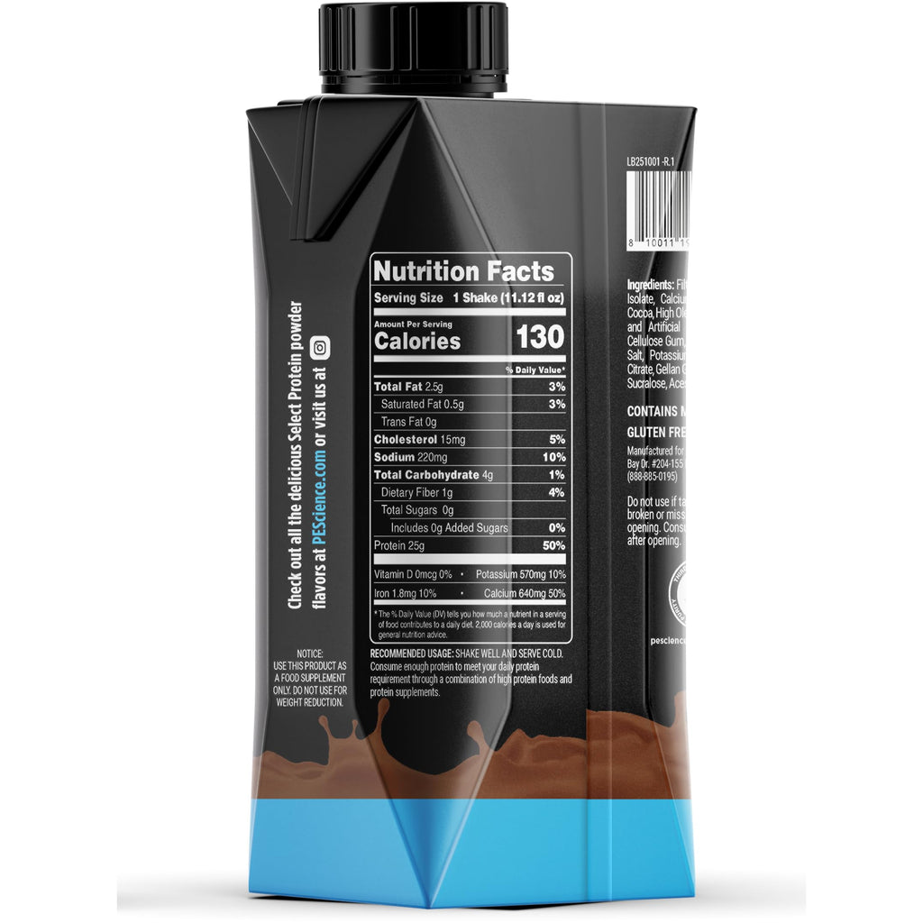 PEScience Select Protein Shake RTD, 25g Whey and Casein Blend, High Protein Drink, Gluten Free, Keto Friendly, 0g Sugar, Low Carb Ready to Drink Meal Replacement, Chocolate Truffle - Pack of 4