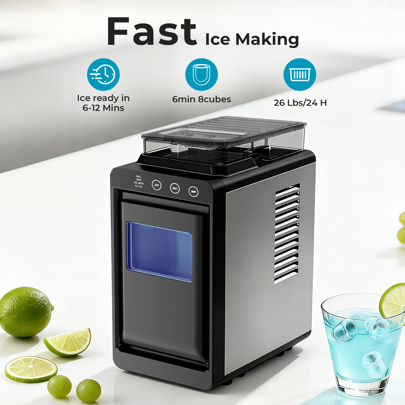 Antarctic Star Countertop Ice Maker, 26lbs/24H Ice Machine, Self-Cleaning Portable Ice Maker with 1.1lb Storage, 8 Bullet Ice in 6 Mins, Compact Ice Maker for Home/Office/Outdoor, Black