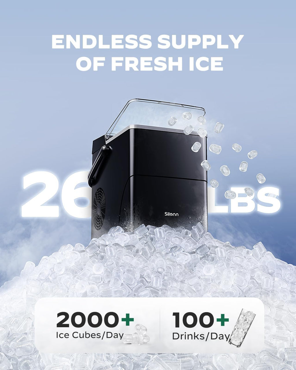 Silonn Countertop Ice Maker with 2.5L Expandable Ice Basket, 26.5lbs/24H, 9 Cubes in 6 Mins, 2 Ice Sizes, Self-Cleaning & LED Touch Control for Home Kitchen Office
