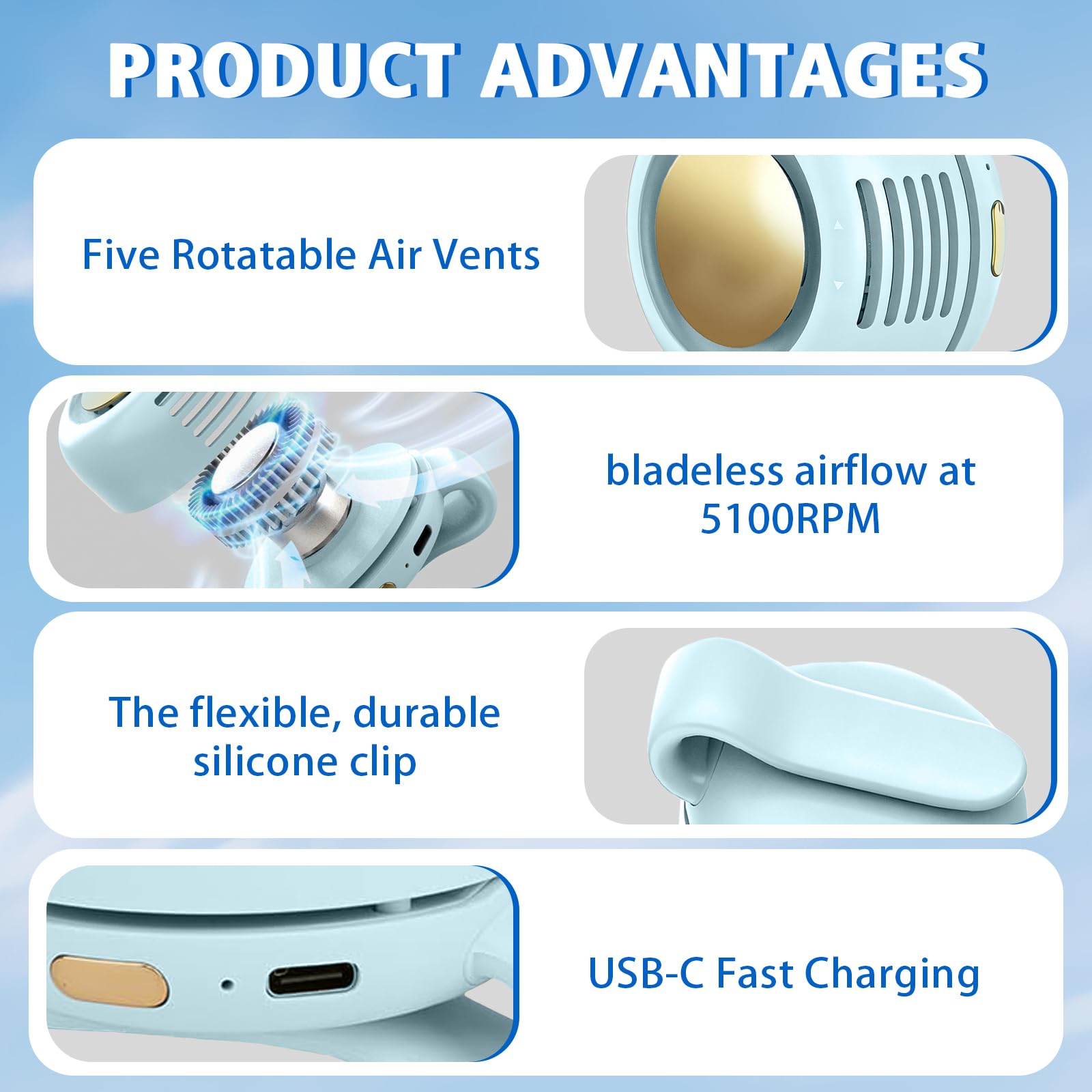 Portable Fan,2-in-1 Waist Clip On Bladeless, Ultra-Quiet Mini Personal Neck Fan 3 Speeds with 360°Adjustable Clip USB Rechargeable for Hiking,Office & Outdoor