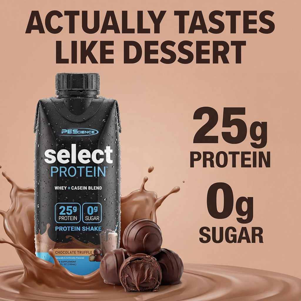 PEScience Select Protein Shake RTD, 25g Whey and Casein Blend, High Protein Drink, Gluten Free, Keto Friendly, 0g Sugar, Low Carb Ready to Drink Meal Replacement, Chocolate Truffle - Pack of 4