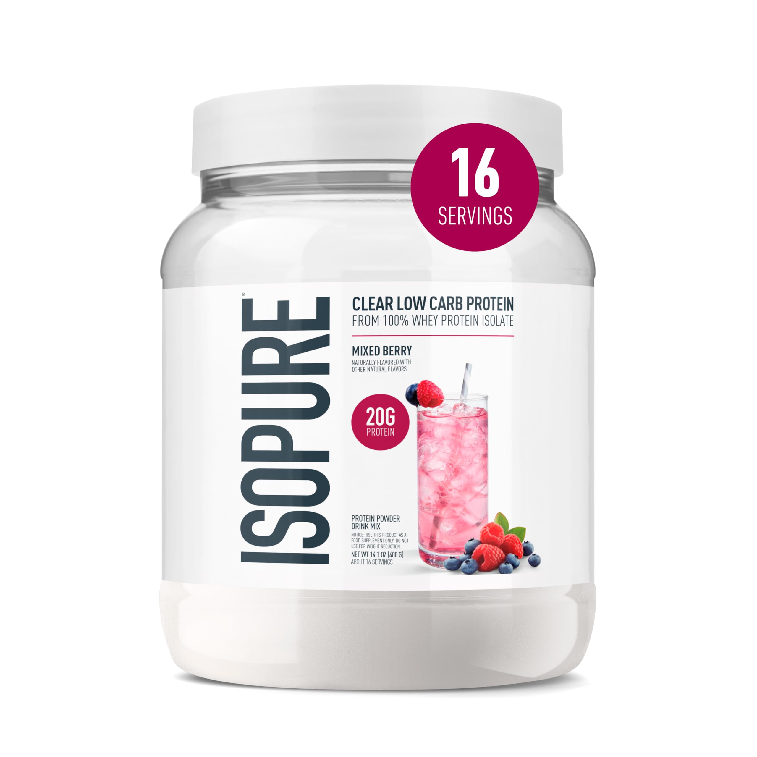 Isopure Clear Whey Isolate Protein Powder, Lactose Free, Gluten Free, Naturally Flavored, Watermelon Lime, 20g Protein Per Serving, 14.1 Oz, 16 Servings (Packaging May Vary)