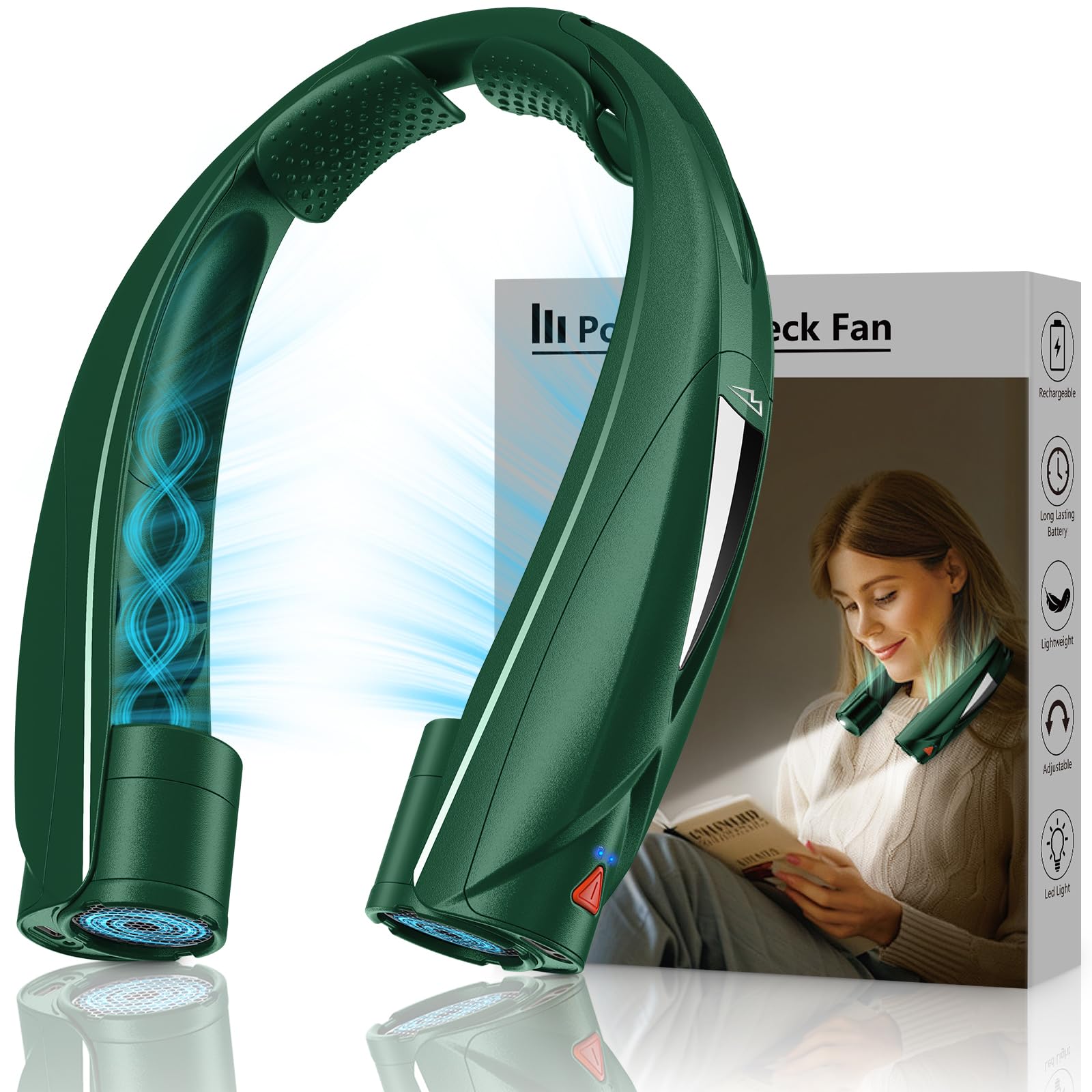 Laimiod Neck Fan - Portable Neck Fan with LED Book Light, 6-20h Long Battery Life, 6 Speeds Adjustable, USB-C Rechargeable, Hands-Free Wearable Fan, Cooling Personal Fan Gifts for Men Women Dad Mom | Comfortable Silicone Made, 6-20 Hours Long Lasting, 6 A