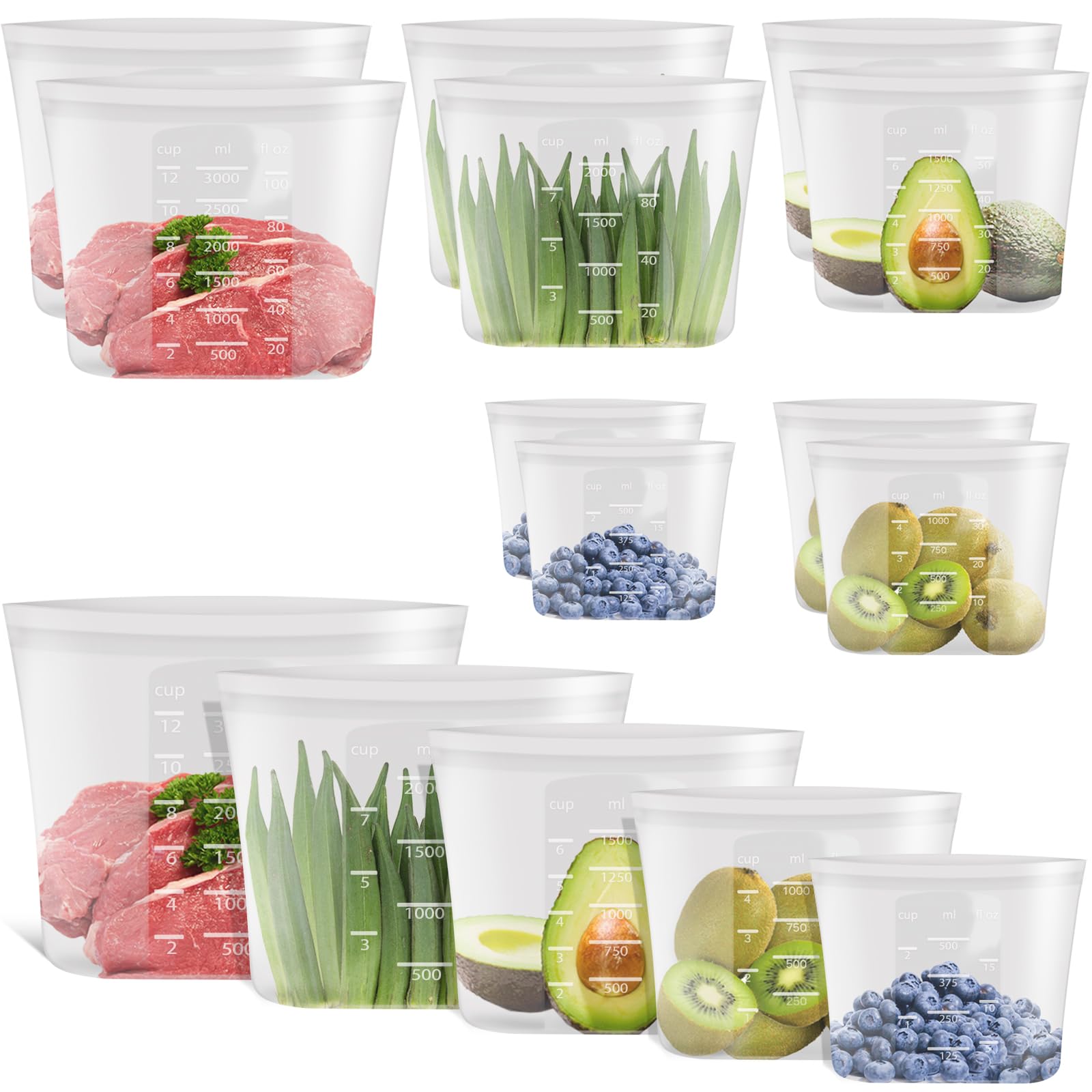 100% Platinum Silicone Reusable Storage Bags, 12 Pack, Premium Silicone Food Storage Bag Stand-Up Wide-Mouth Zip-Lock, Freezer Microwave Oven Dishwasher Safe, 4 M + 4 S + 4 XS, Crystal-Clear
