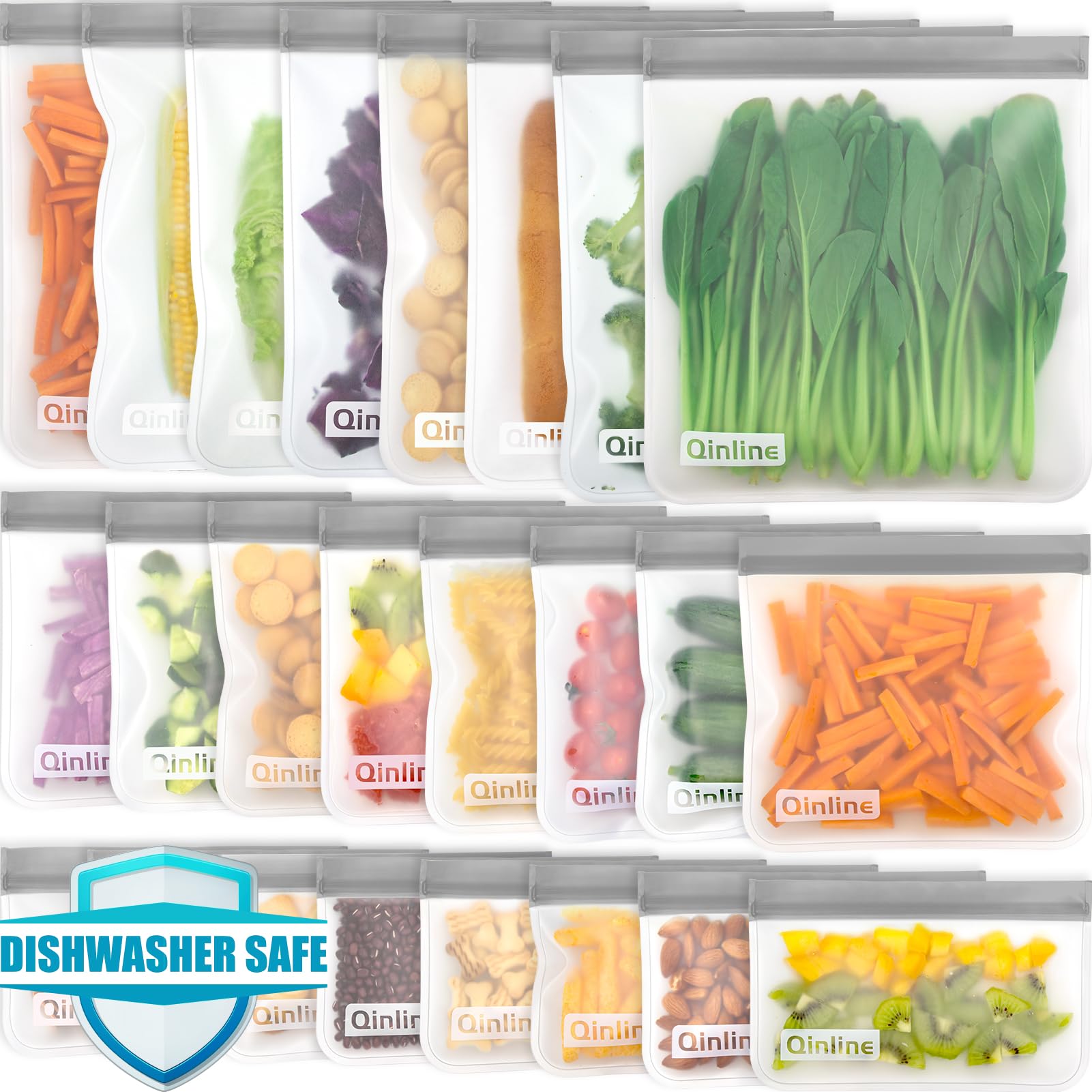 Qinline Reusable Food Storage Bags - 24 Pack Freezer Extra Thick Leakproof Lunch Bag - 8 Gallon 8 Sandwich 8 Snack Bags