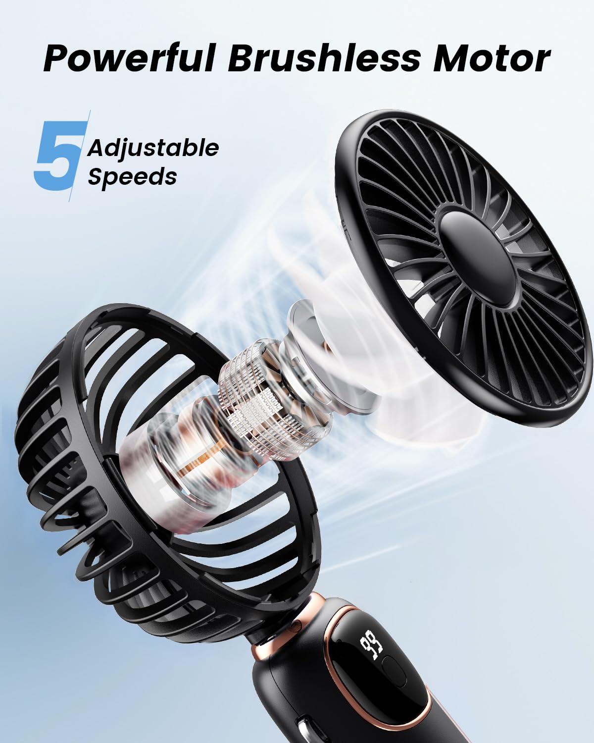 coldSky Portable Handheld Fan, 4000mAh Battery Operated with LED Display, Handheld/Neck/Desk 3 in 1 Personal Small Fan, 90° Foldable Desk Fan with Base, 5 Speed Lash Makeup Fan for Women