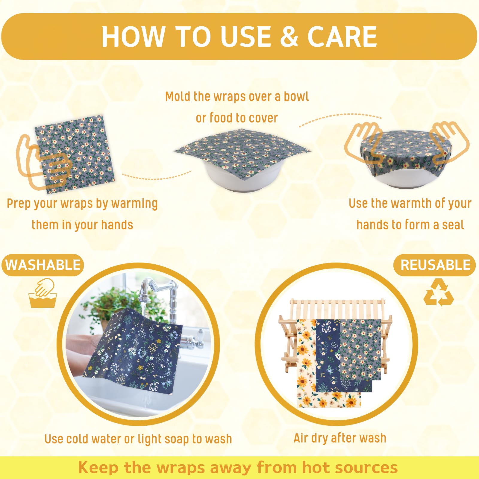 Reusable Beeswax Wrap - 9 Pack Beeswax Wraps for Food, Eco-Friendly Beeswax Food Wraps, Bread Sandwich Wrapper - Organic, Sustainable, Zero Waste, Reusable Plastic-Free Food Storage Wrap, 1XL, 3M, 5S