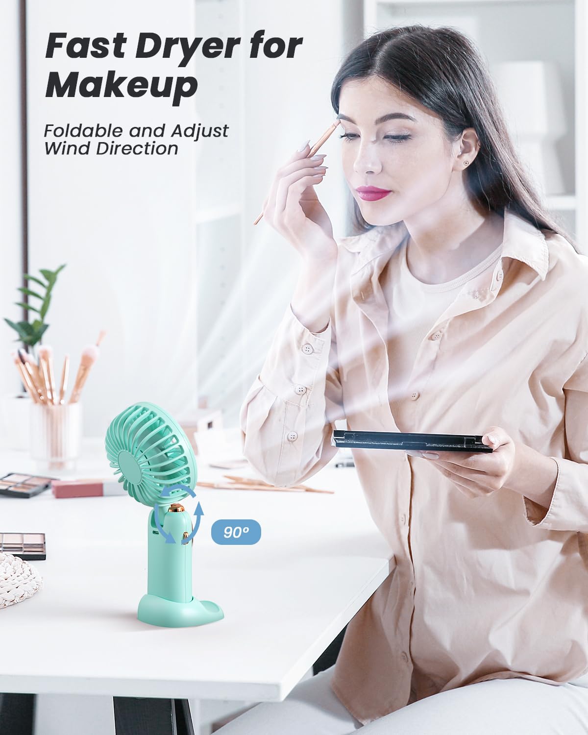 coldSky Portable Handheld Fan, 4000mAh Battery Operated with LED Display, Handheld/Neck/Desk 3 in 1 Personal Small Fan, 90° Foldable Desk Fan with Base, 5 Speed Lash Makeup Fan for Women