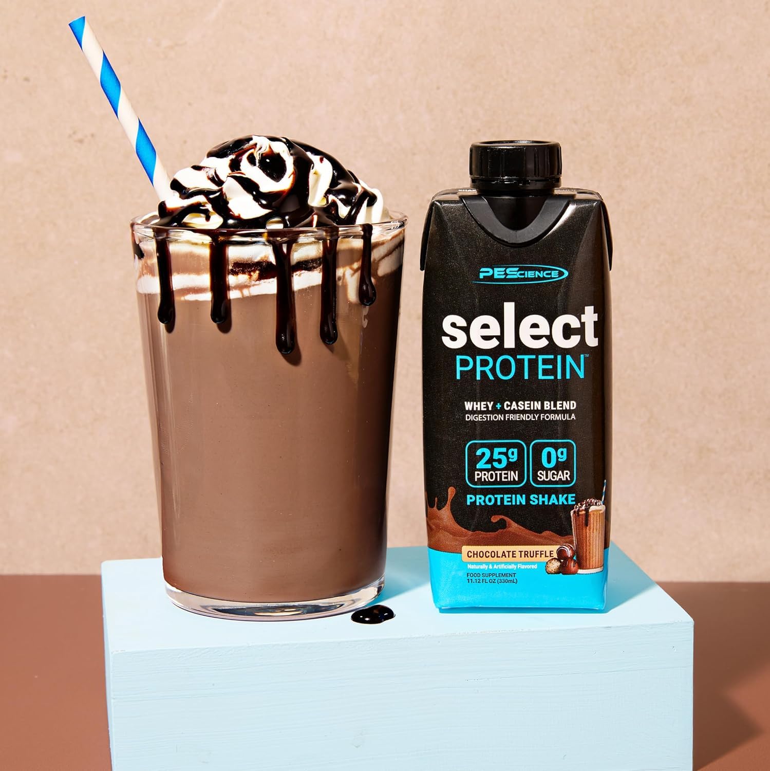 PEScience Select Protein Shake RTD, 25g Whey and Casein Blend, High Protein Drink, Gluten Free, Keto Friendly, 0g Sugar, Low Carb Ready to Drink Meal Replacement, Chocolate Truffle - Pack of 4