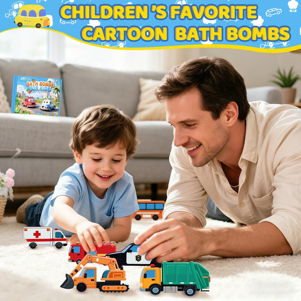 Bath Bombs for Kids, STEM Gifts for Boys Girls Ages 3-12, Handcrafted Car 6 Pack Natural Organic Bubble Bath Bomb Toys, Shaped Like Excavators, Police Car, School Buses, Fire Trucks