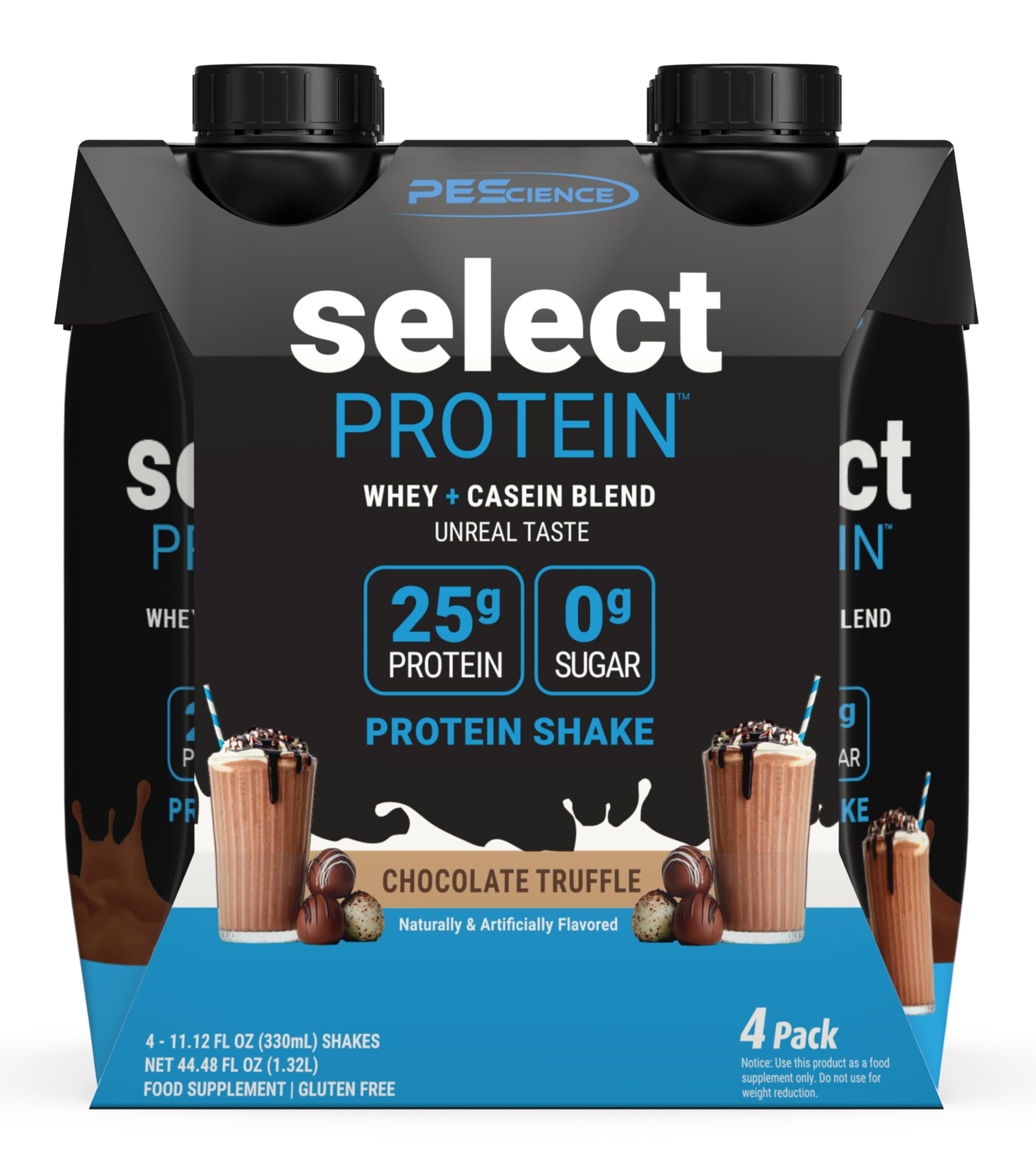 PEScience Select Protein Shake RTD, 25g Whey and Casein Blend, High Protein Drink, Gluten Free, Keto Friendly, 0g Sugar, Low Carb Ready to Drink Meal Replacement, Chocolate Truffle - Pack of 4