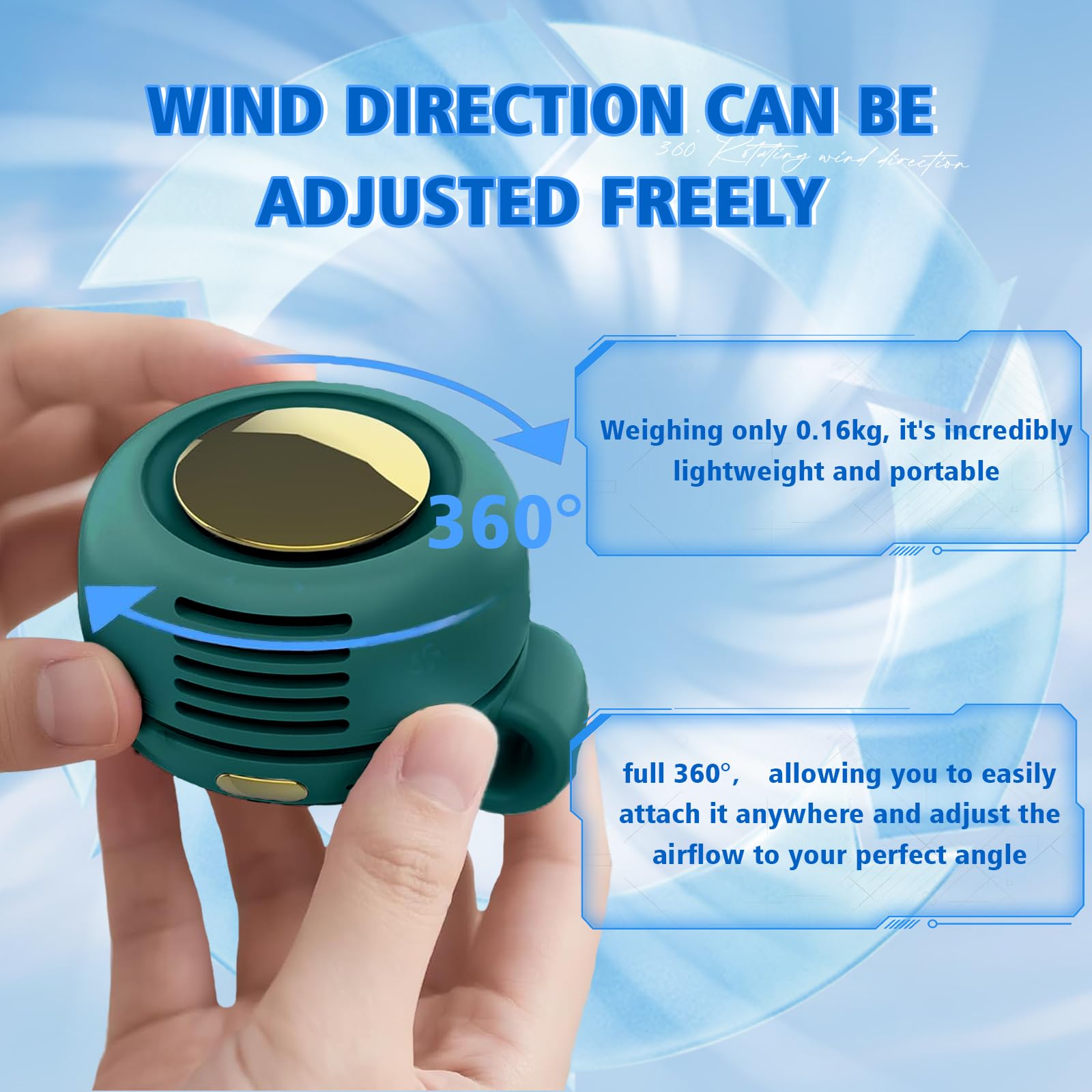 Portable Fan,2-in-1 Waist Clip On Bladeless, Ultra-Quiet Mini Personal Neck Fan 3 Speeds with 360°Adjustable Clip USB Rechargeable for Hiking,Office & Outdoor
