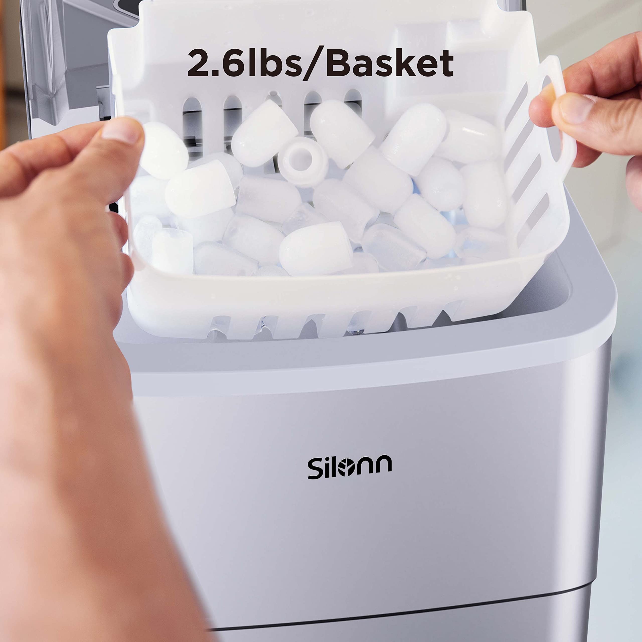 Silonn Countertop Ice Maker with 2.5L Expandable Ice Basket, 26.5lbs/24H, 9 Cubes in 6 Mins, 2 Ice Sizes, Self-Cleaning & LED Touch Control for Home Kitchen Office