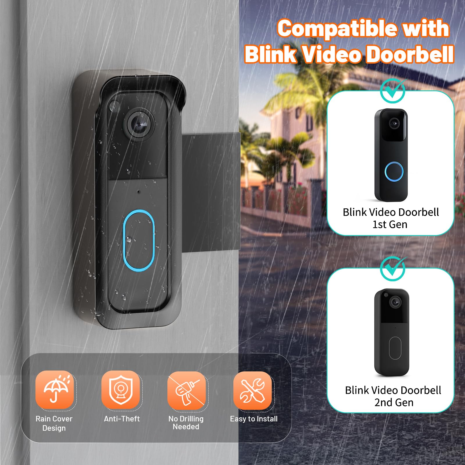 Blink Doorbell Mount, 2nd Gen Anti-Theft Blink Doorbell Camera Mount | For Blink Video Doorbell 1st & 2nd Gen, No Block Sensor & Night Vision, Doorbell Camera Mount Bracket with Rain Cover