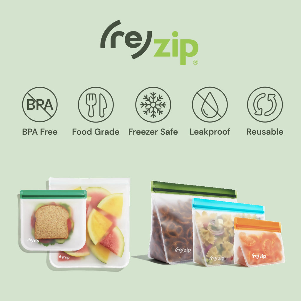 (re) zip Gallon Reusable Storage Bags, BPA-Free, Leakproof, Food-Grade 100% Food-Safe PEVA, for Food Storage and Freezer Use, Holds 16 cups | 128 fl oz, 4-Pack (Clear)