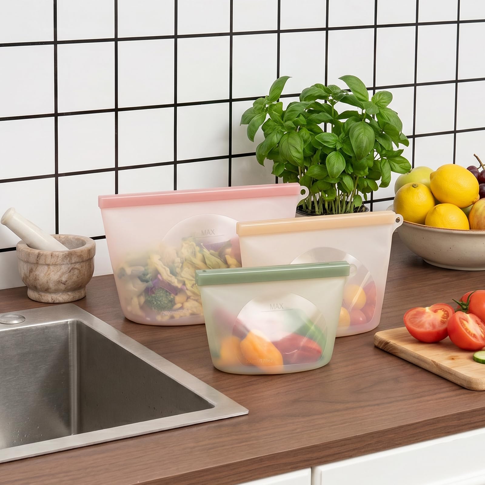 Extra Large Reusable Silicone Food Storage Bags 4 Pack, 0.8 Gallon/3000ml, 100% Silicone Stand-Up Wide-Open Zip-Lock Reusable Bags for Large Items, Microwave Freezer Oven Dishwasher Safe, Translucent
