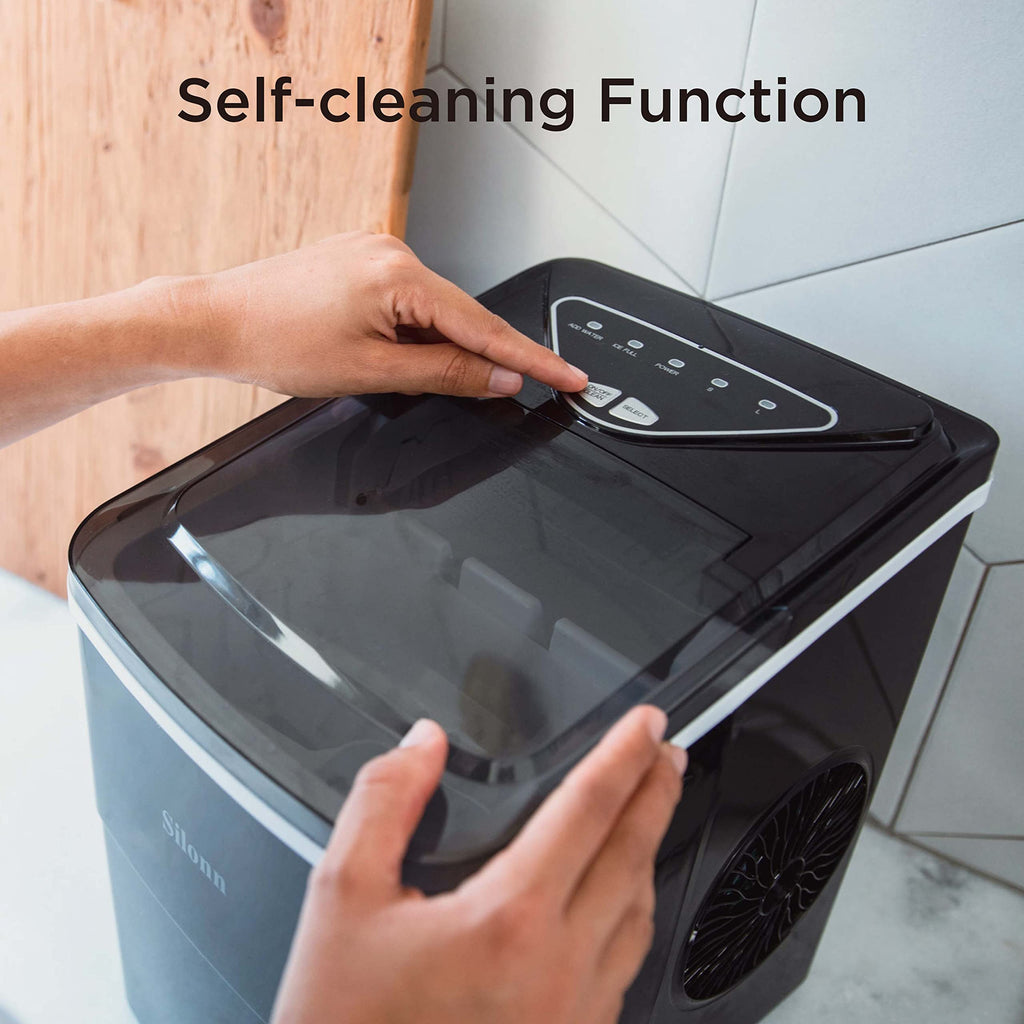Silonn Countertop Ice Maker with 2.5L Expandable Ice Basket, 26.5lbs/24H, 9 Cubes in 6 Mins, 2 Ice Sizes, Self-Cleaning & LED Touch Control for Home Kitchen Office